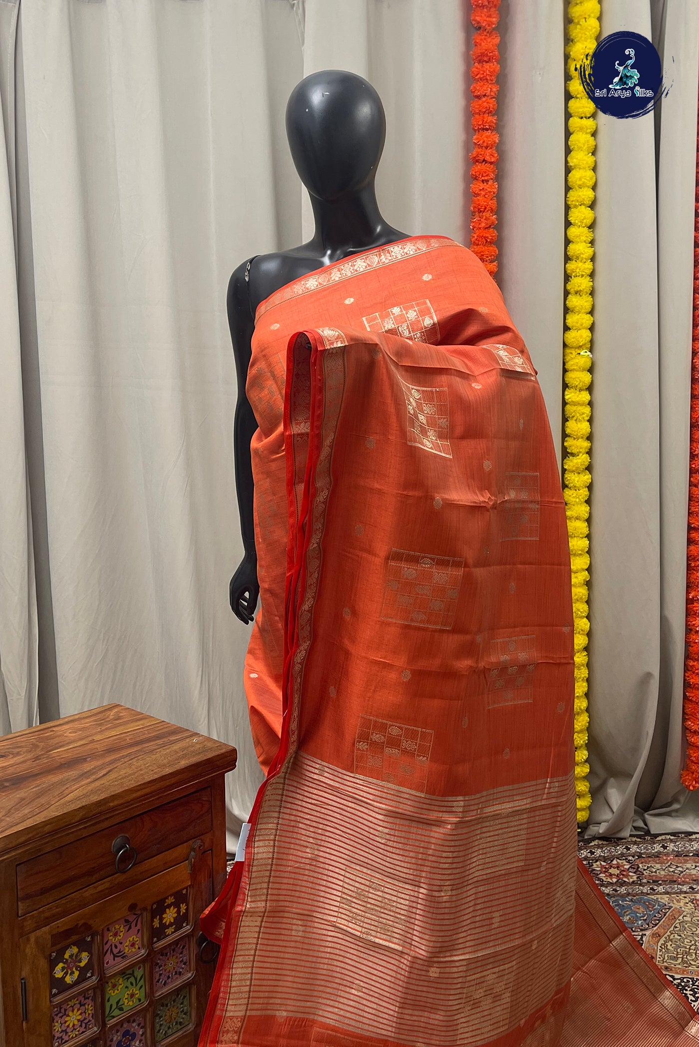Orange Semi Tussar Saree With Zari Buttas Pattern