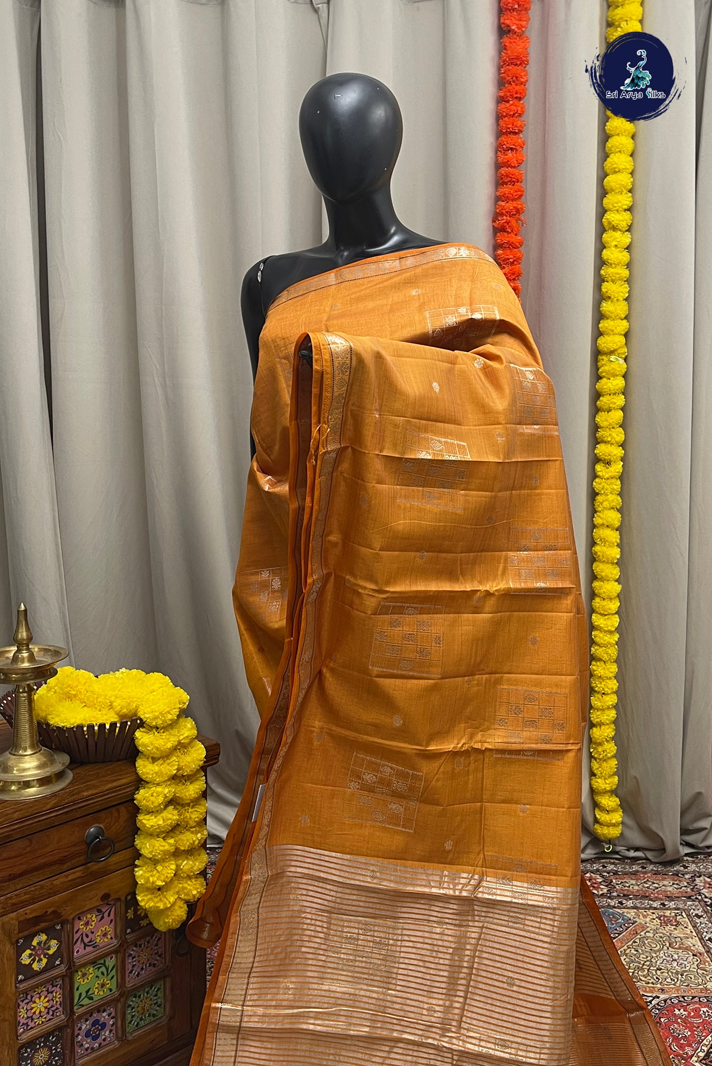Mustard Yellow Semi Tussar Saree With Zari Buttas Pattern