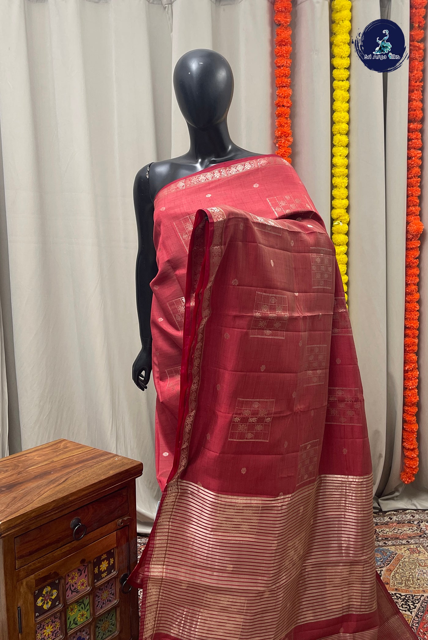 Red Semi Tussar Saree With Zari Buttas Pattern