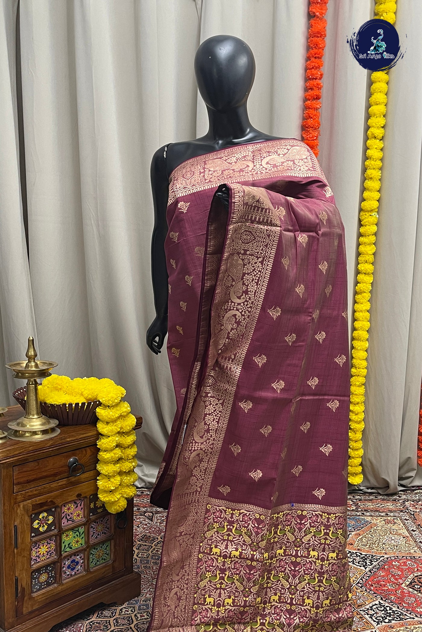 Burgundy Semi Tussar Saree With Zari Buttas Pattern