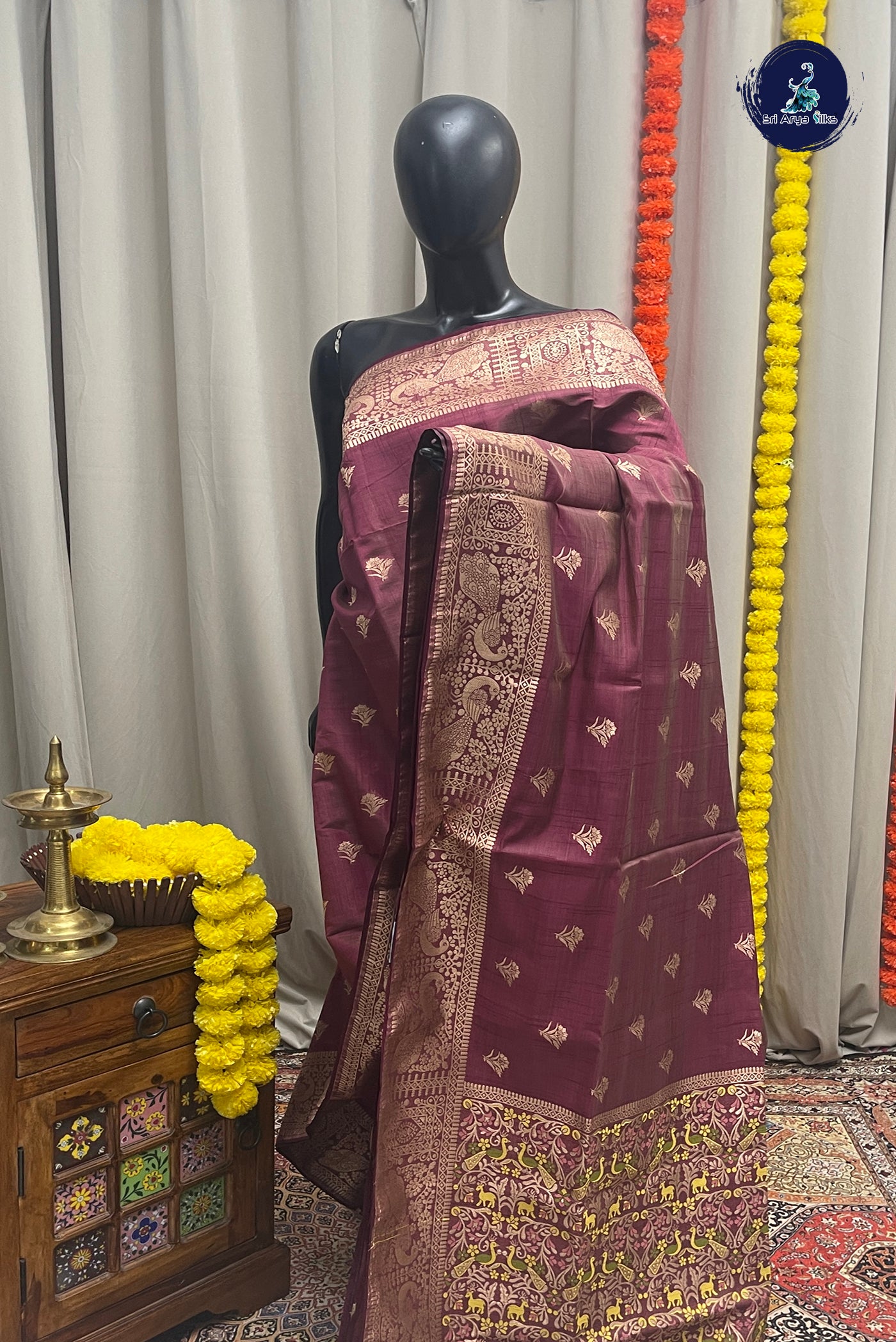 Burgundy Semi Tussar Saree With Zari Buttas Pattern