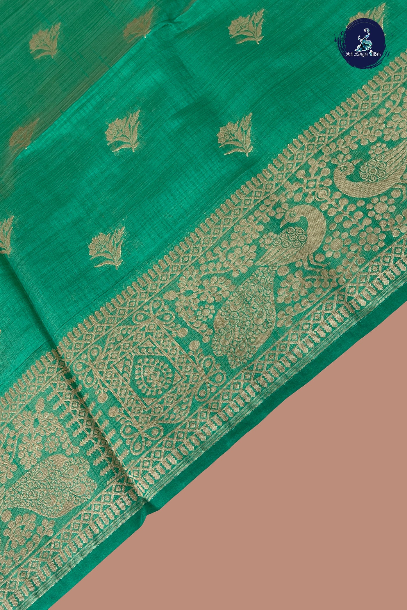 Green Semi Tussar Saree With Zari Buttas Pattern