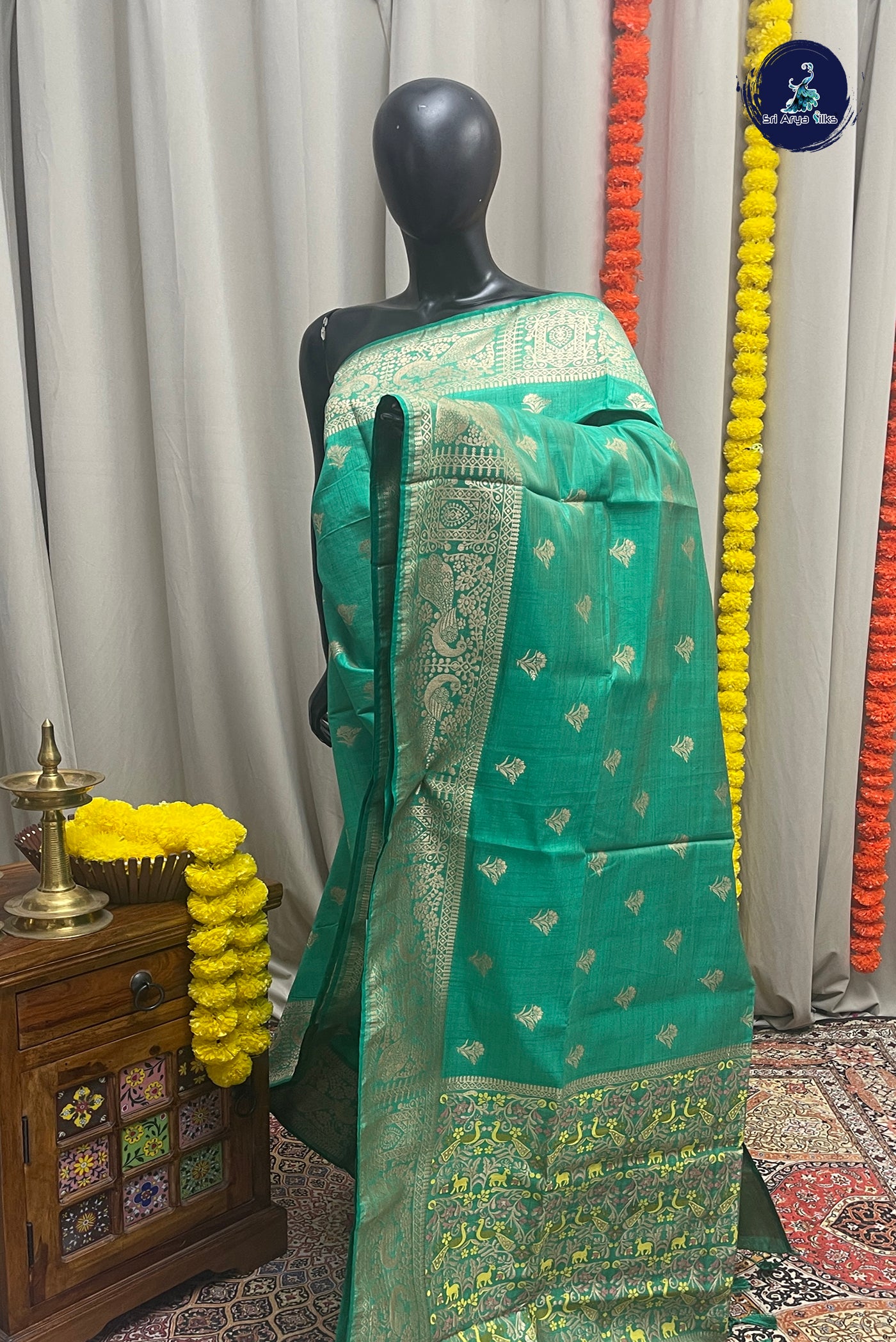 Green Semi Tussar Saree With Zari Buttas Pattern