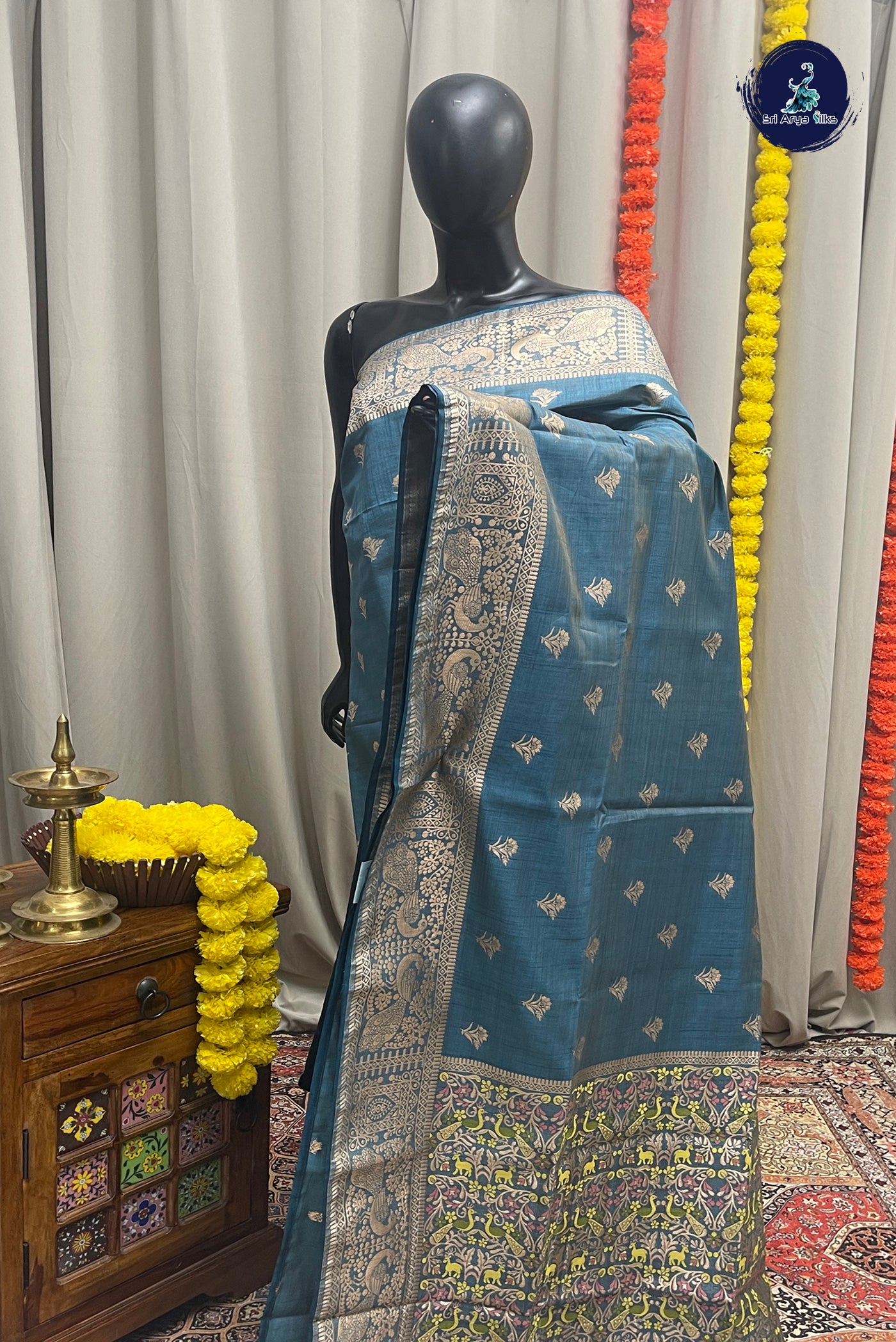 Blue Semi Tussar Saree With Zari Buttas Pattern