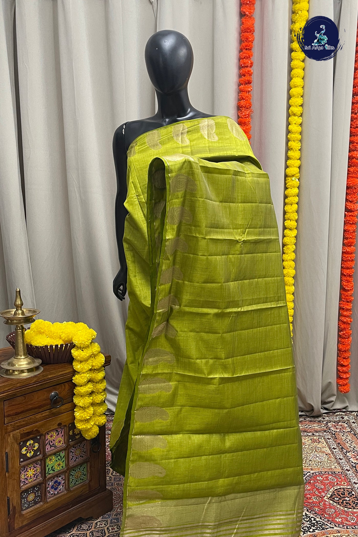 Lime Green Semi Tussar Saree With Zari Buttas Pattern