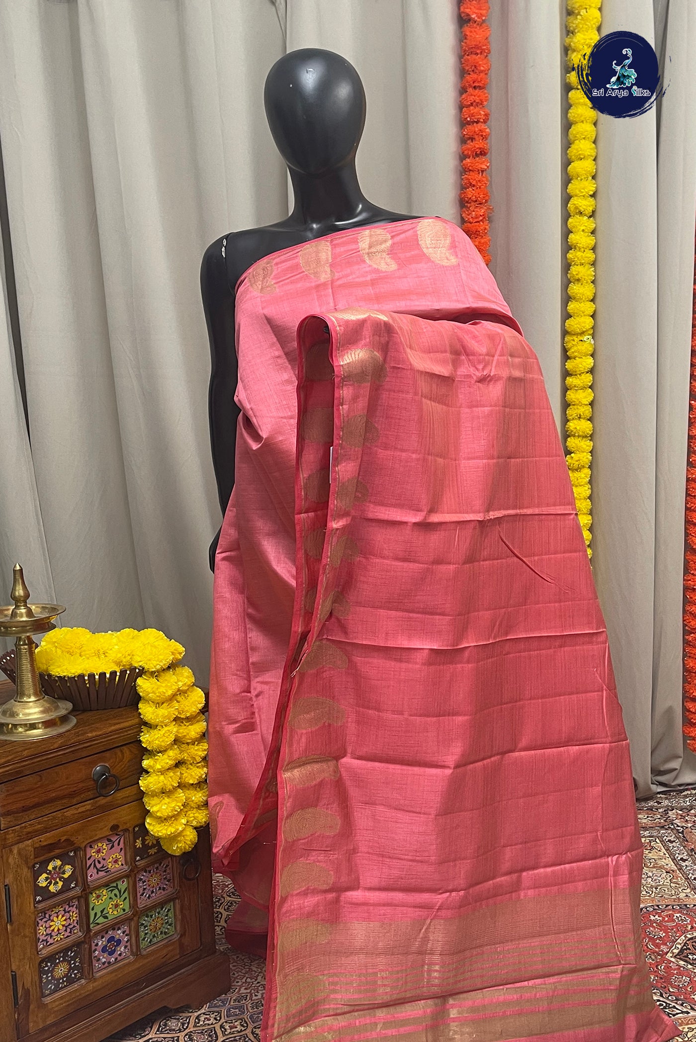 Light Pink Semi Tussar Saree With Zari Buttas Pattern
