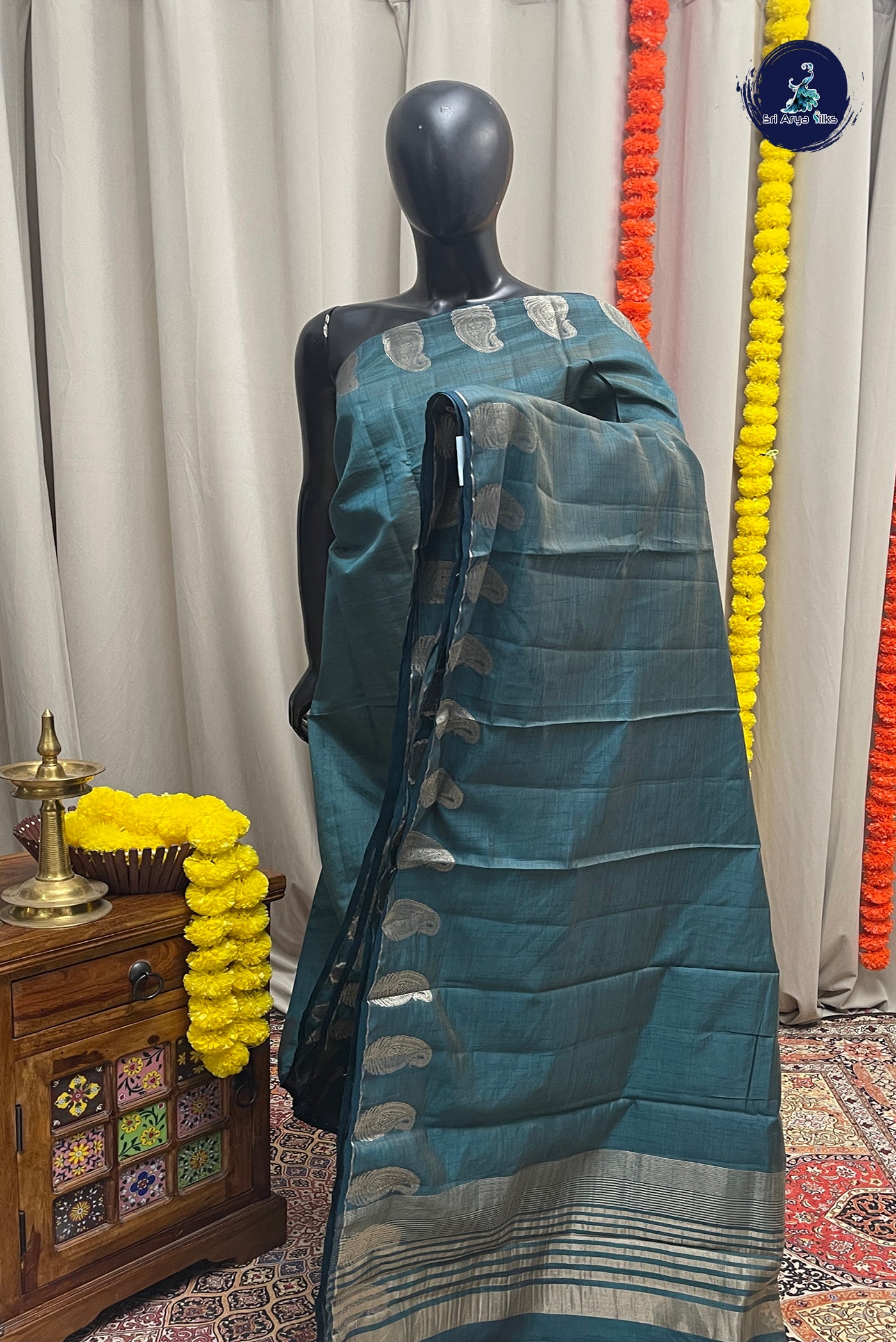 Green Semi Tussar Saree With Zari Buttas Pattern