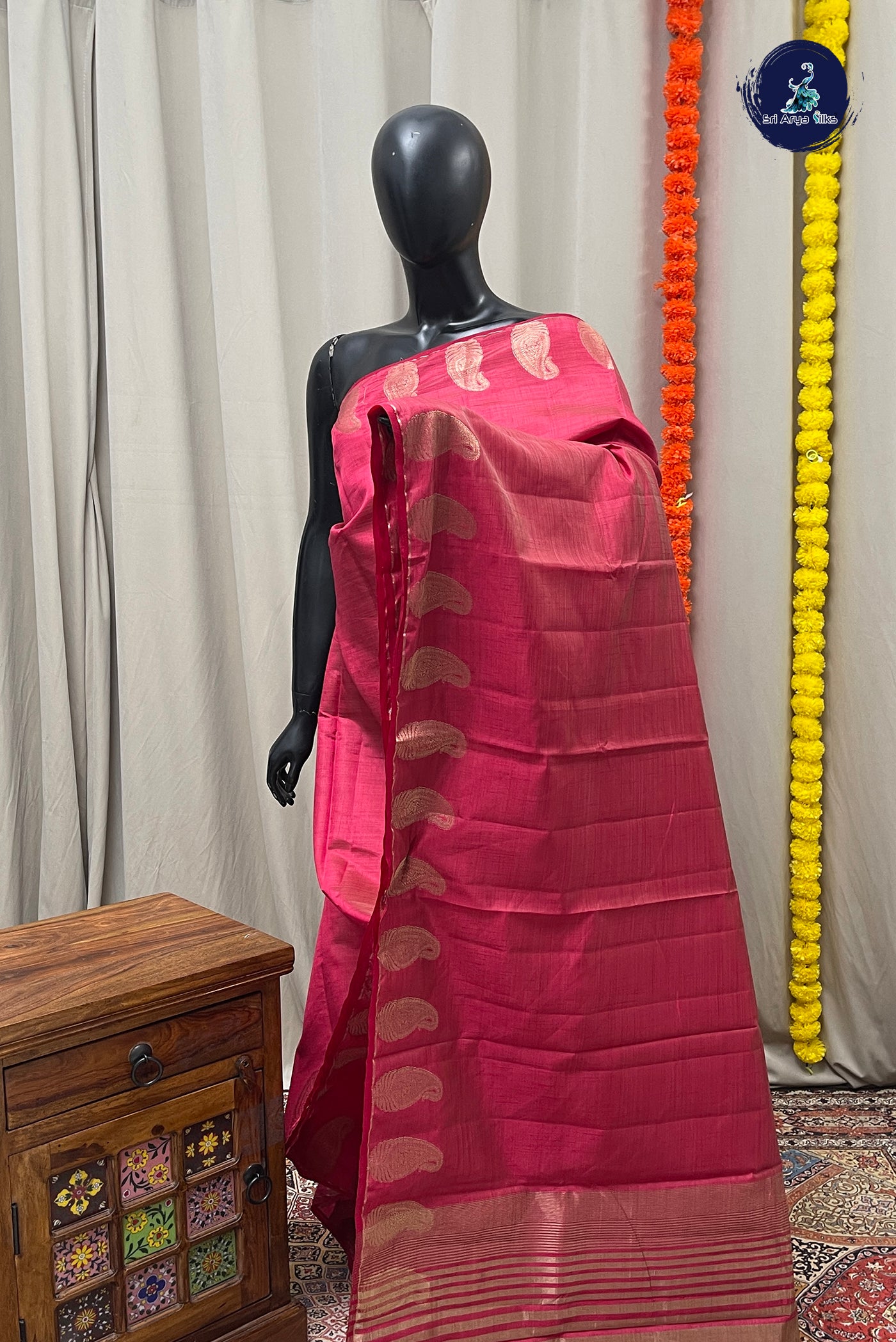 Red Semi Tussar Saree With Zari Buttas Pattern