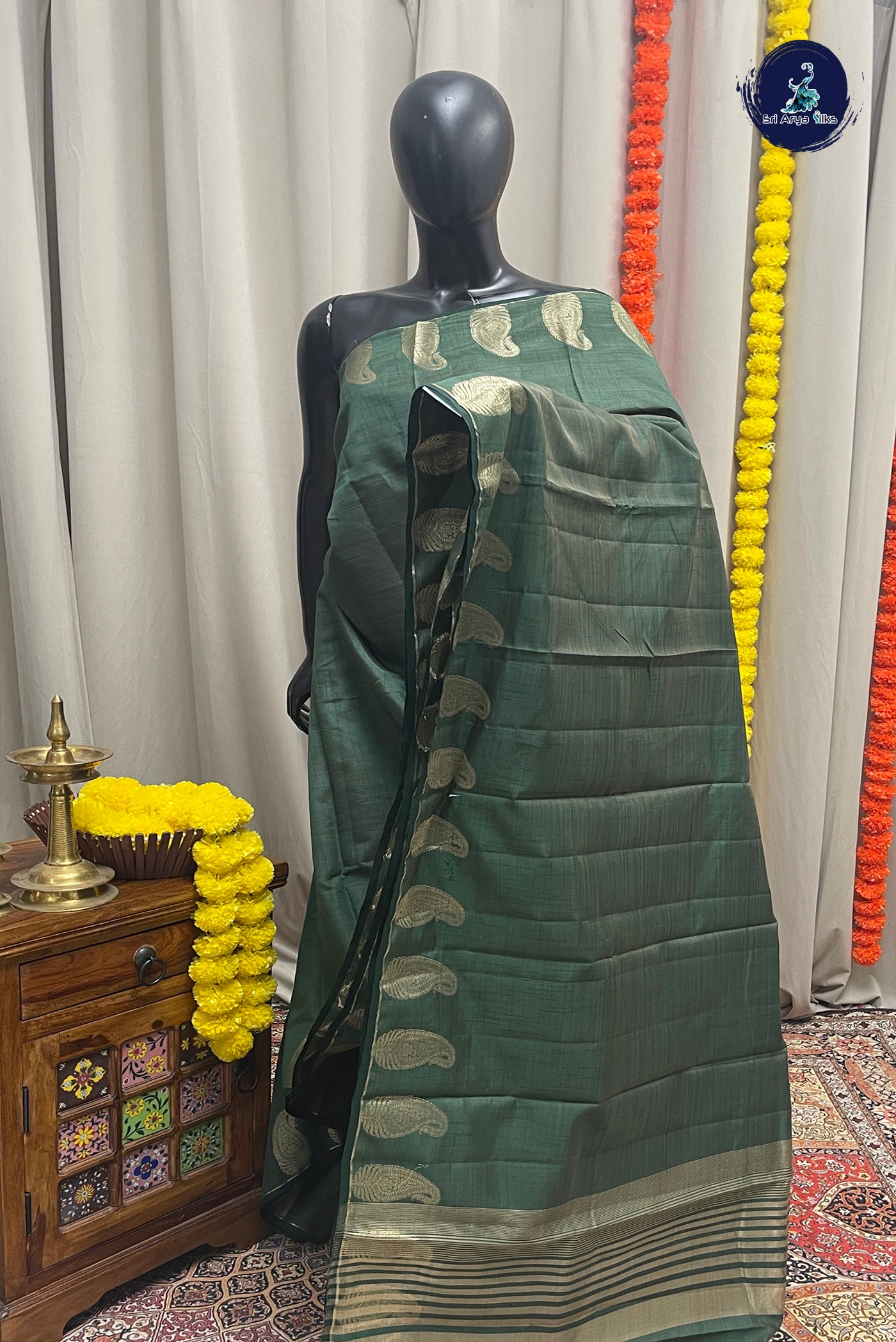 Dark Green Semi Tussar Saree With Zari Buttas Pattern
