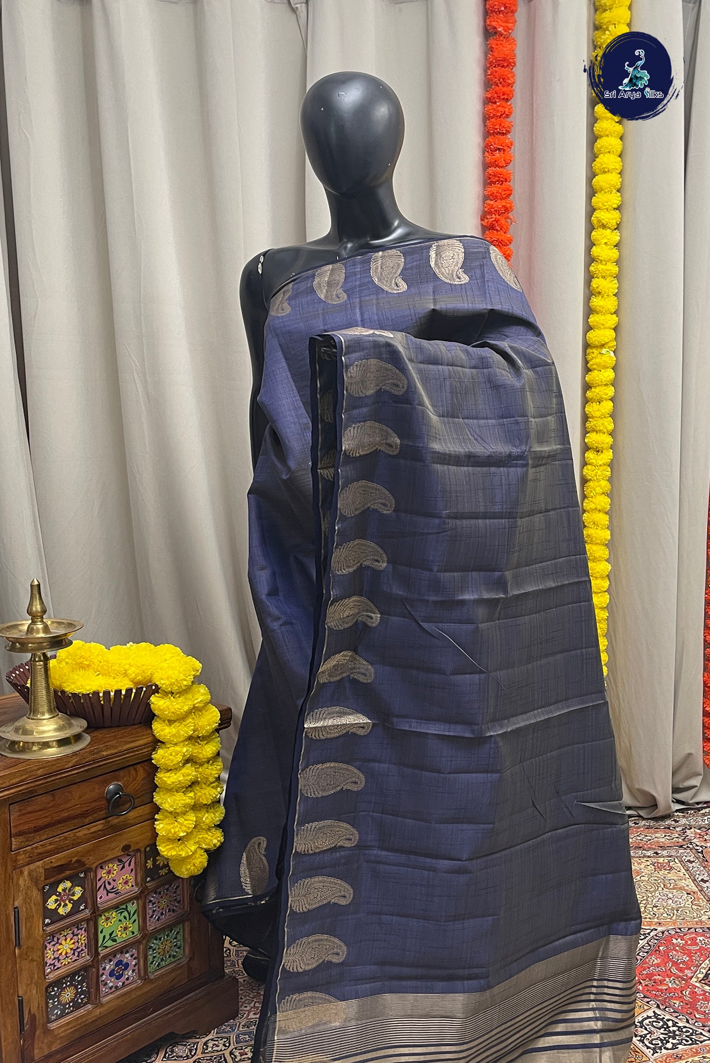 Blue Semi Tussar Saree With Zari Buttas Pattern