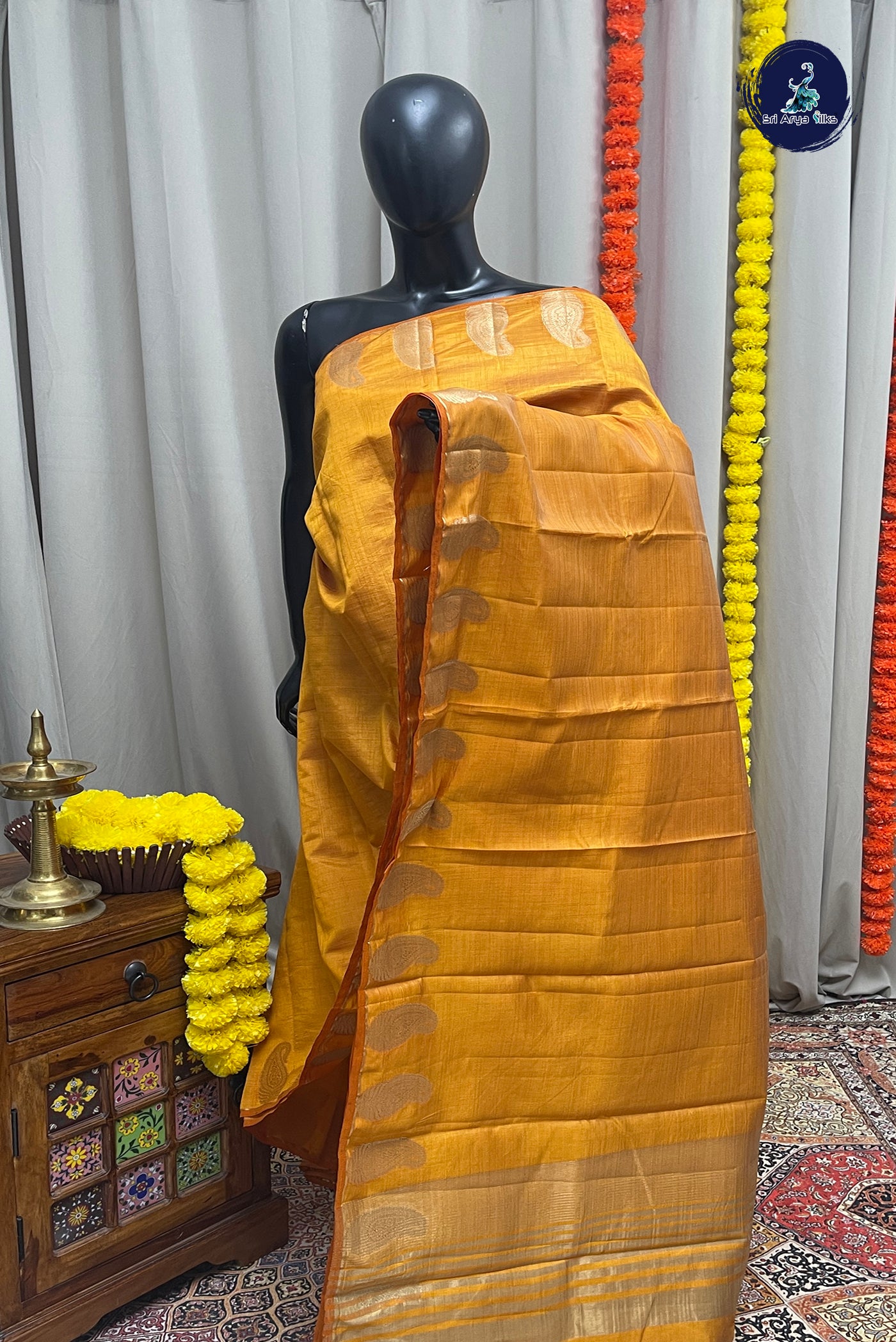 Mustard Yellow Semi Tussar Saree With Zari Buttas Pattern