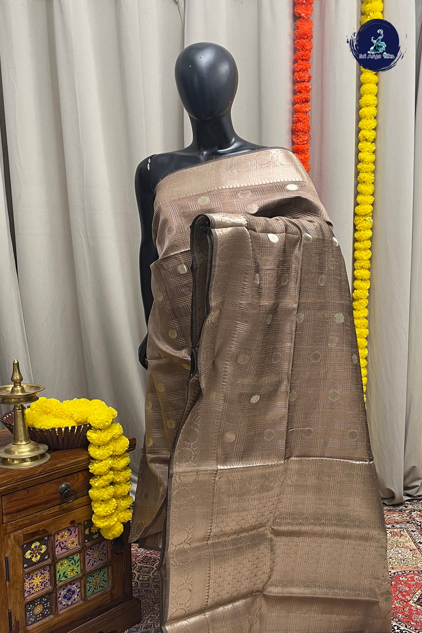 Brown Tissue Banarasi Saree With Zari Checked Pattern