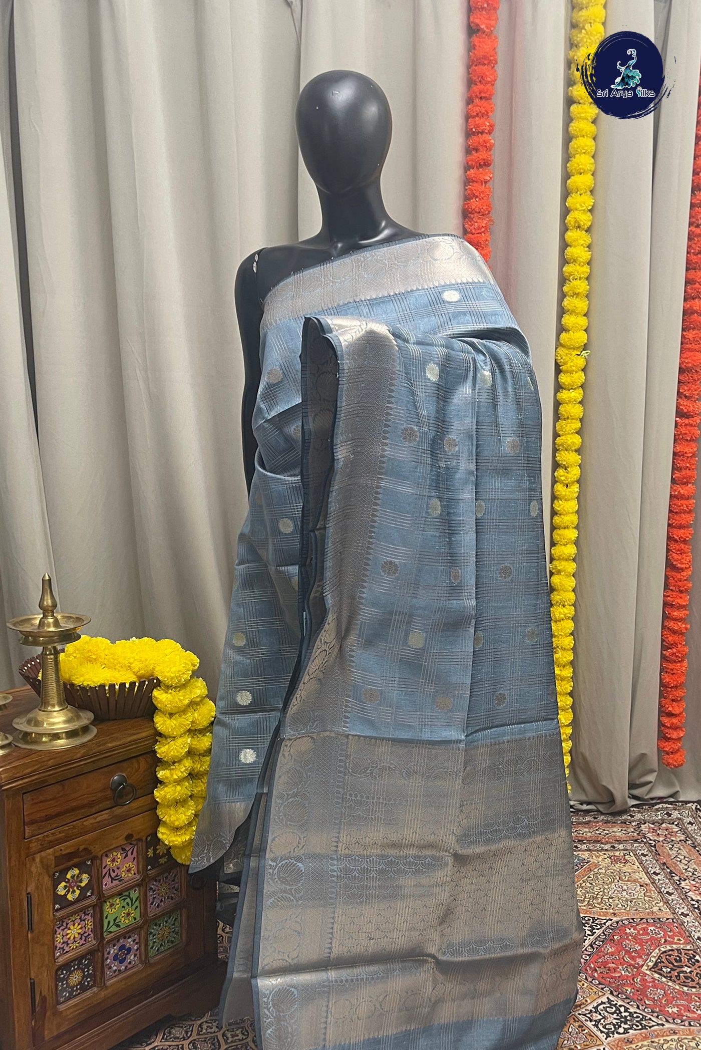 Blue Tissue Banarasi Saree With Zari Checked Pattern