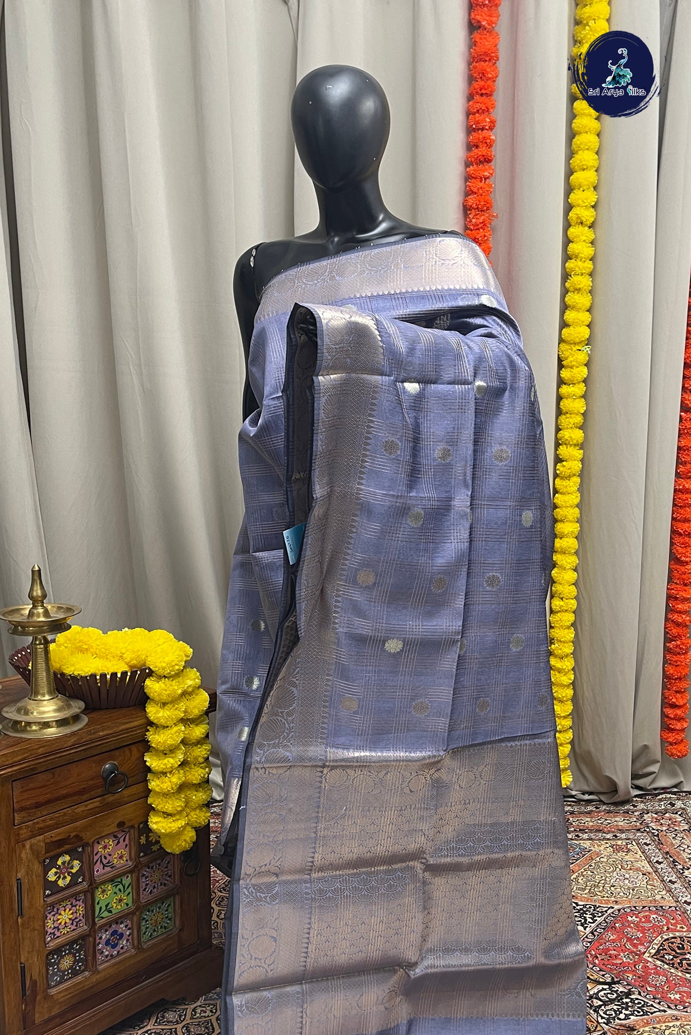 Greyish Lavender Tissue Banarasi Saree With Zari Checked Pattern