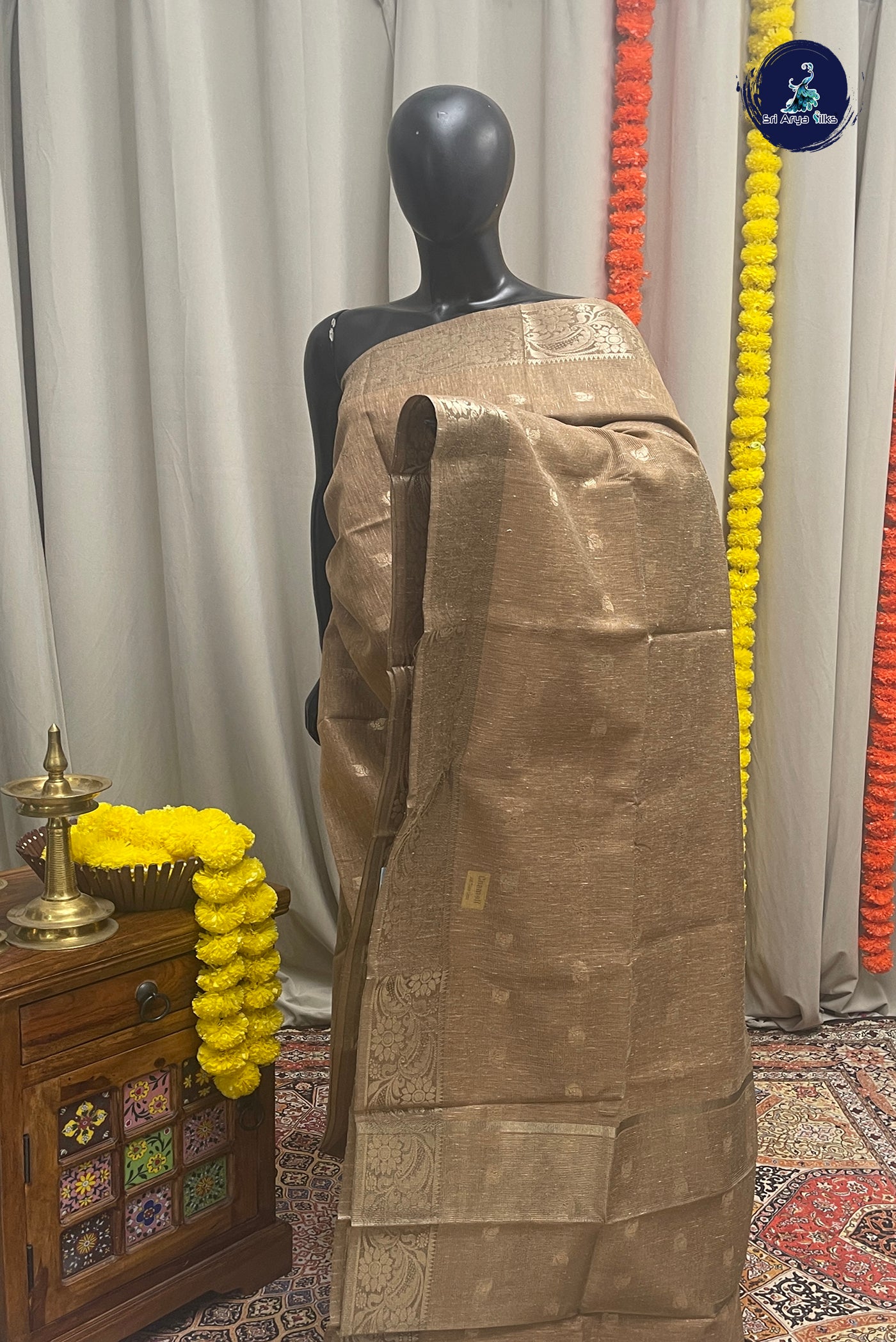 Light Brown Tissue Banarasi Saree With Zari Buttas Pattern