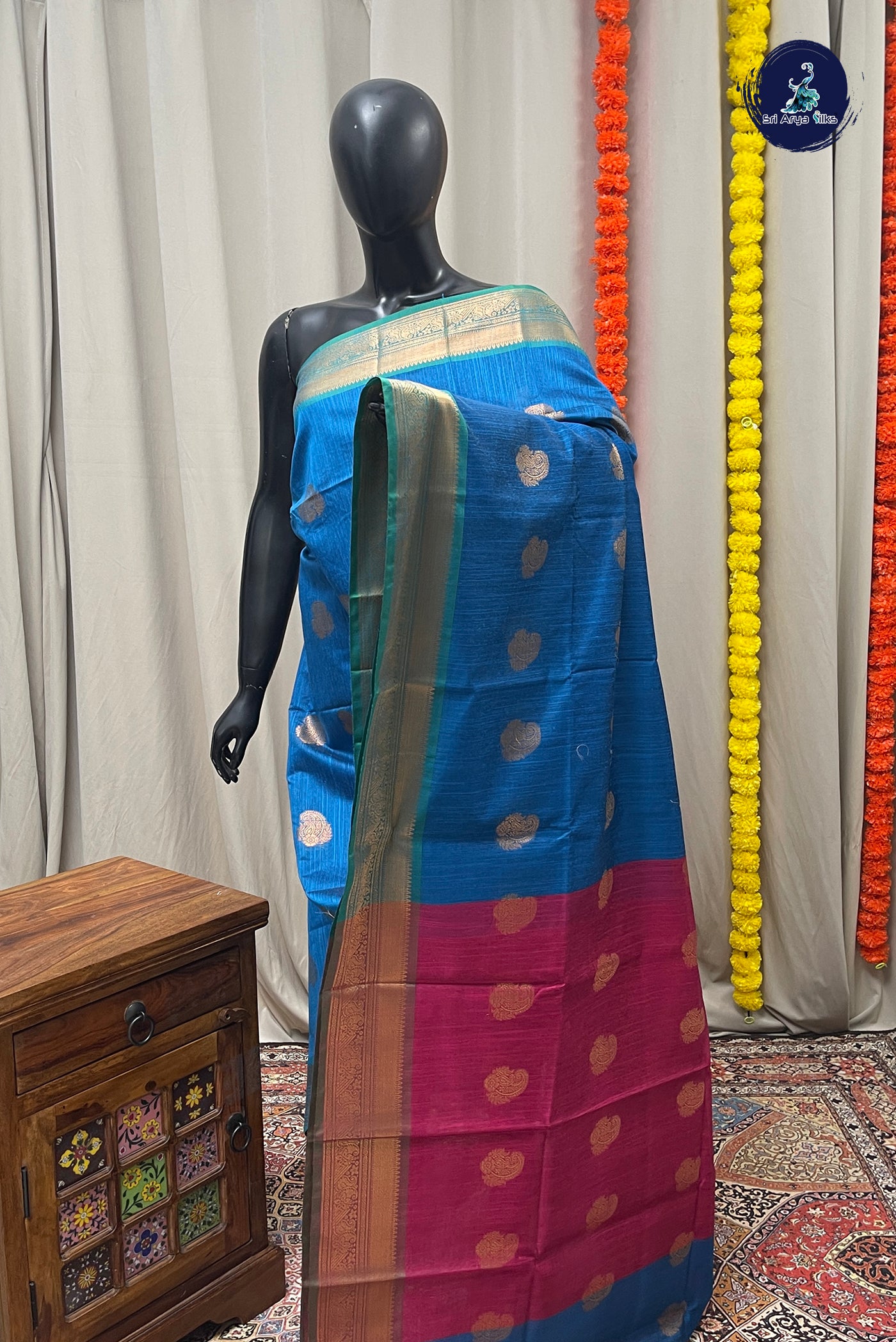 Sapphire Blue Raw Silk Saree With Zari Buttas Pattern