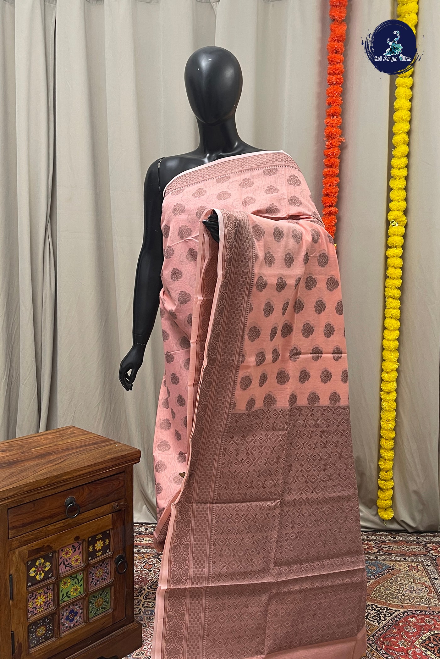 Peach Katan Silk With Buttas Pattern