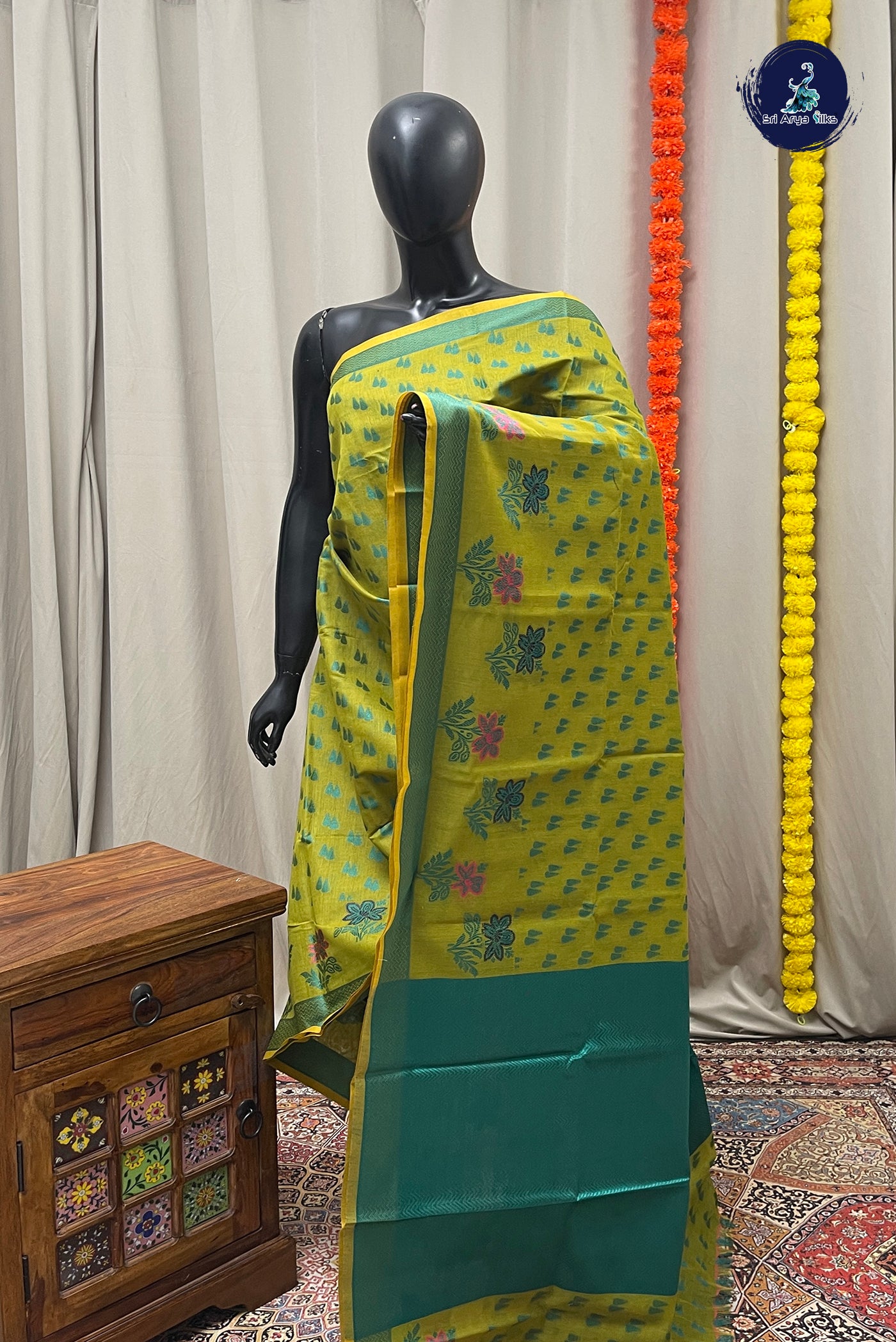 Mehendi Green Katan Silk With Buttas Pattern