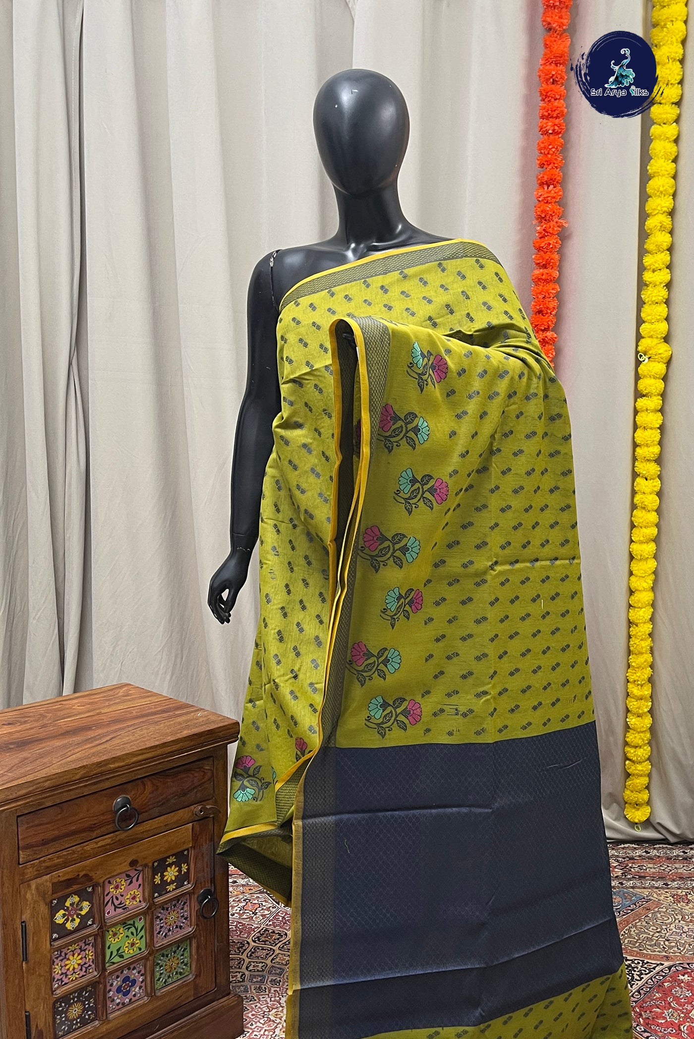 Mehendi Green Katan Silk With Buttas Pattern