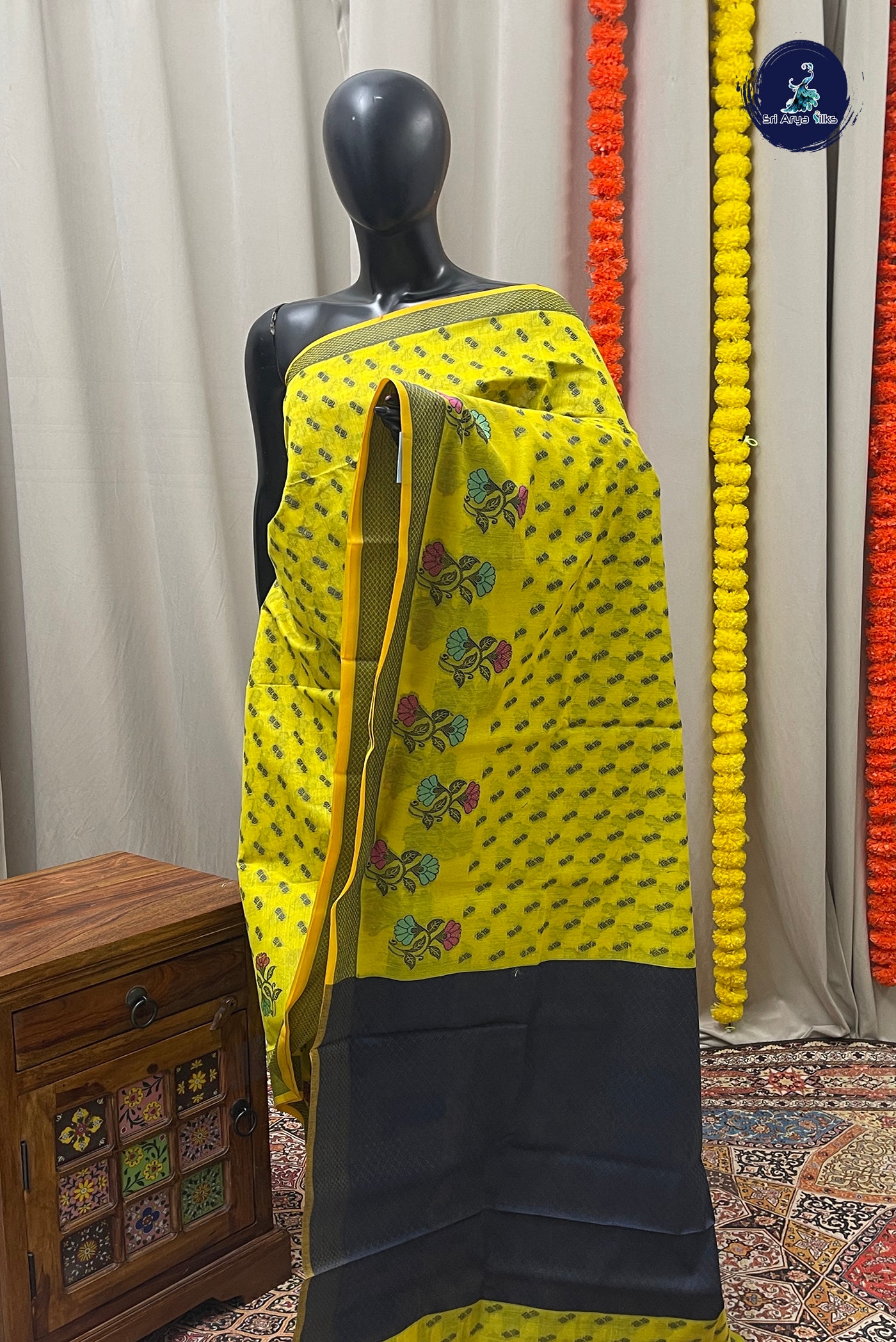 Yellow Katan Silk With Buttas Pattern