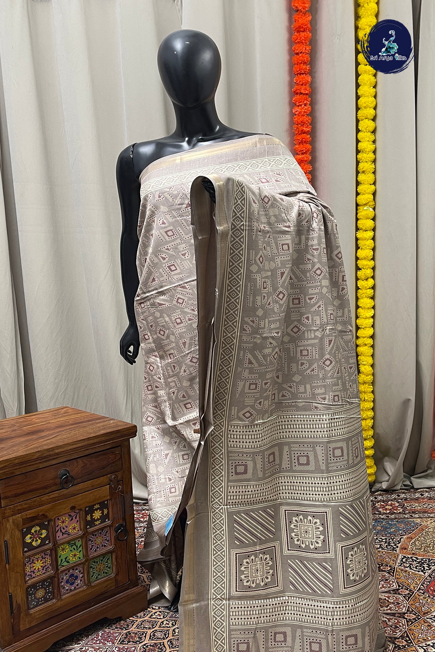 Light Brown Semi Crepe Silk Saree With Printed Pattern