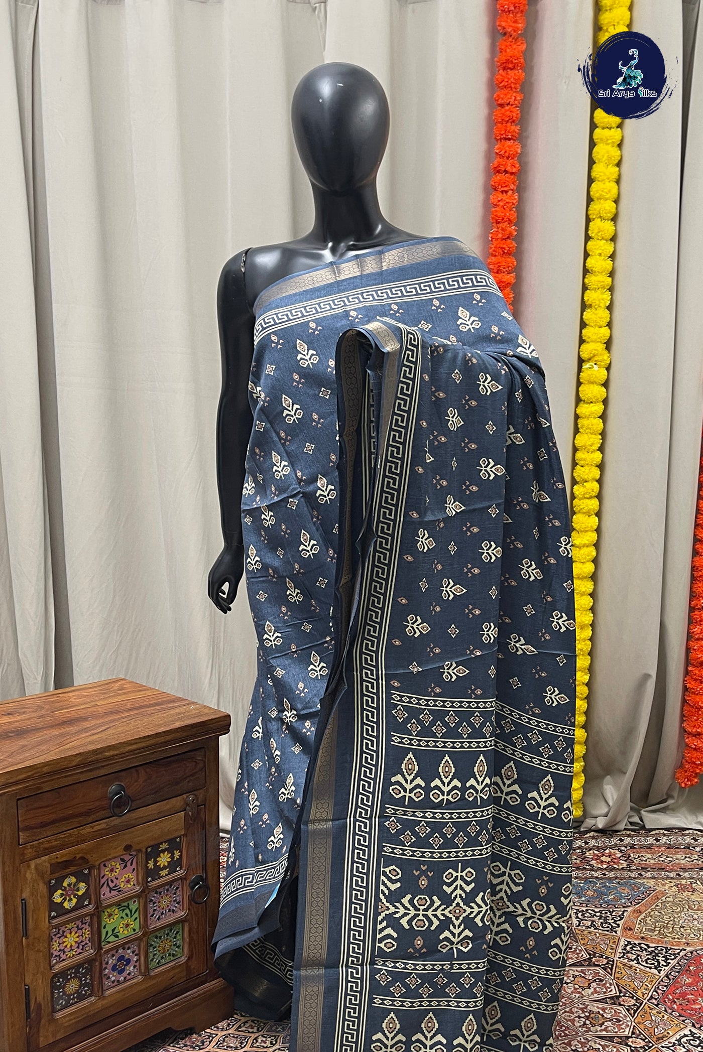 Greyish Blue Semi Crepe Silk Saree With Printed Pattern