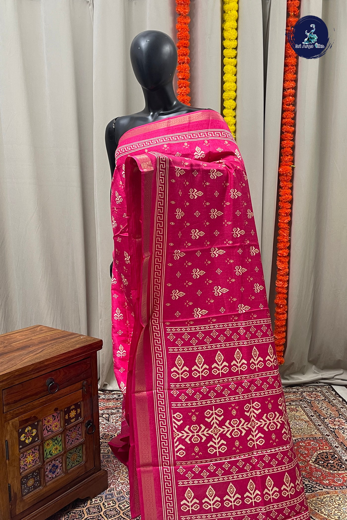 Pink Semi Crepe Silk Saree With Printed Pattern