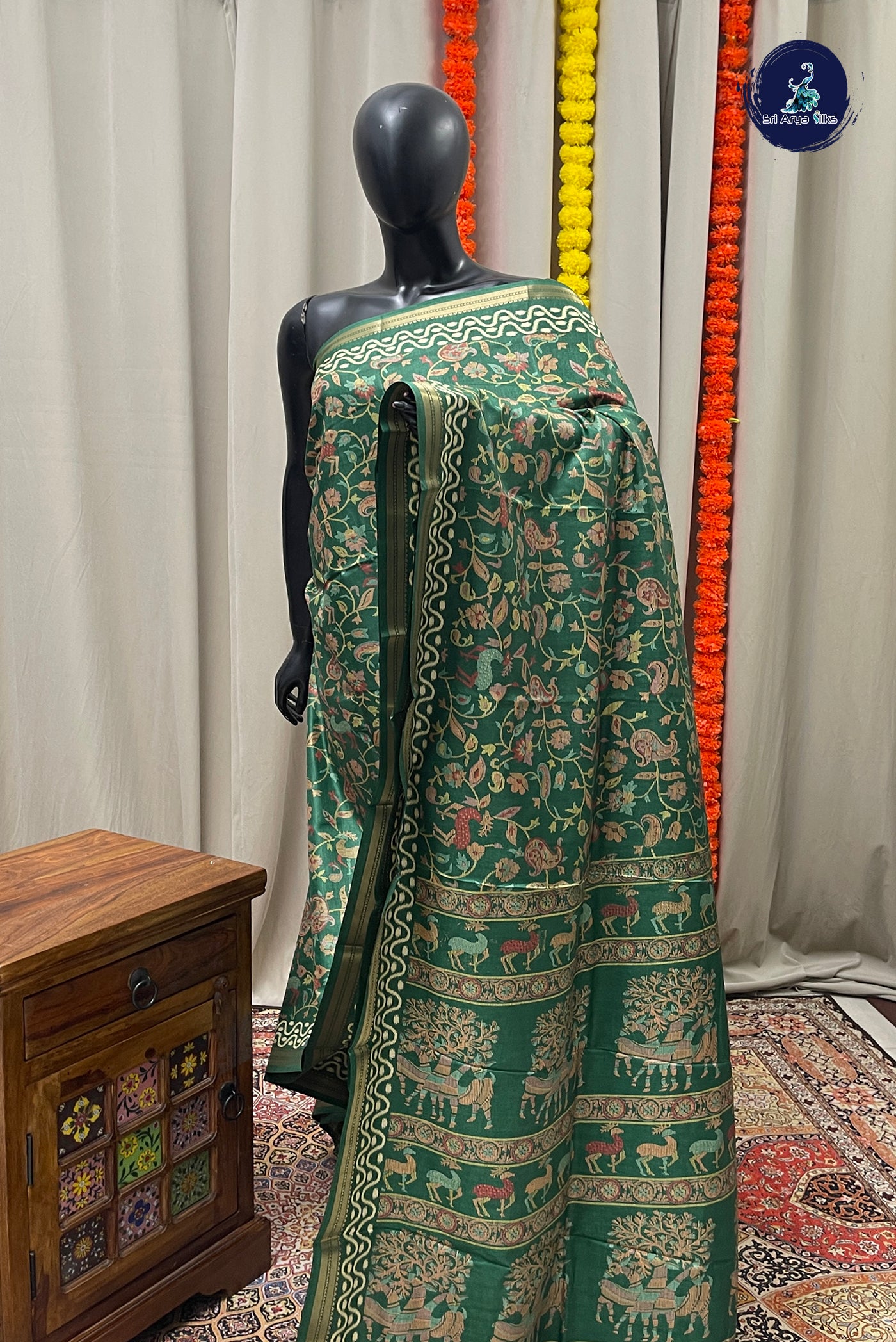 Green Semi Crepe Silk Saree With Printed Pattern