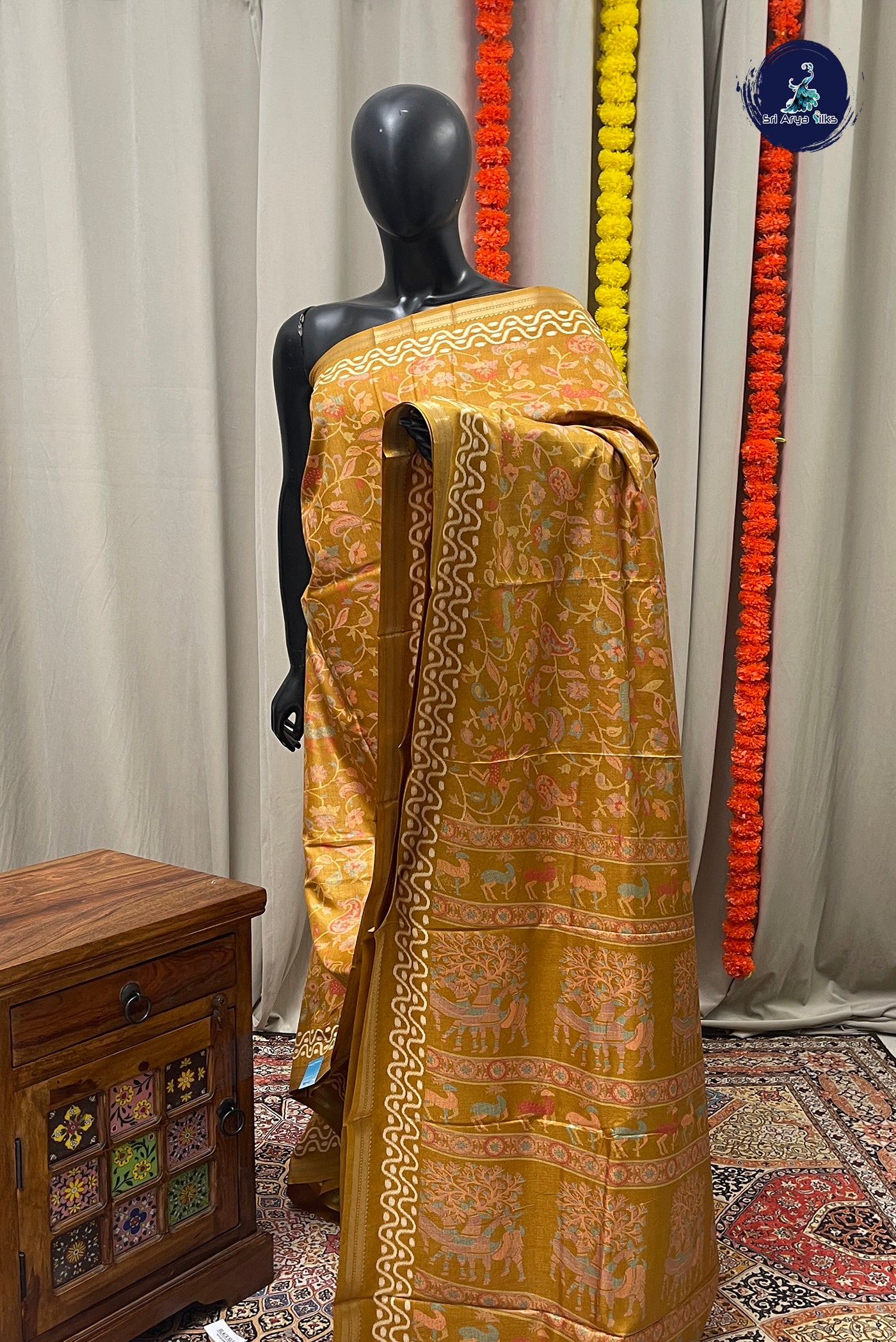 Mustard Yellow Semi Crepe Silk Saree With Printed Pattern