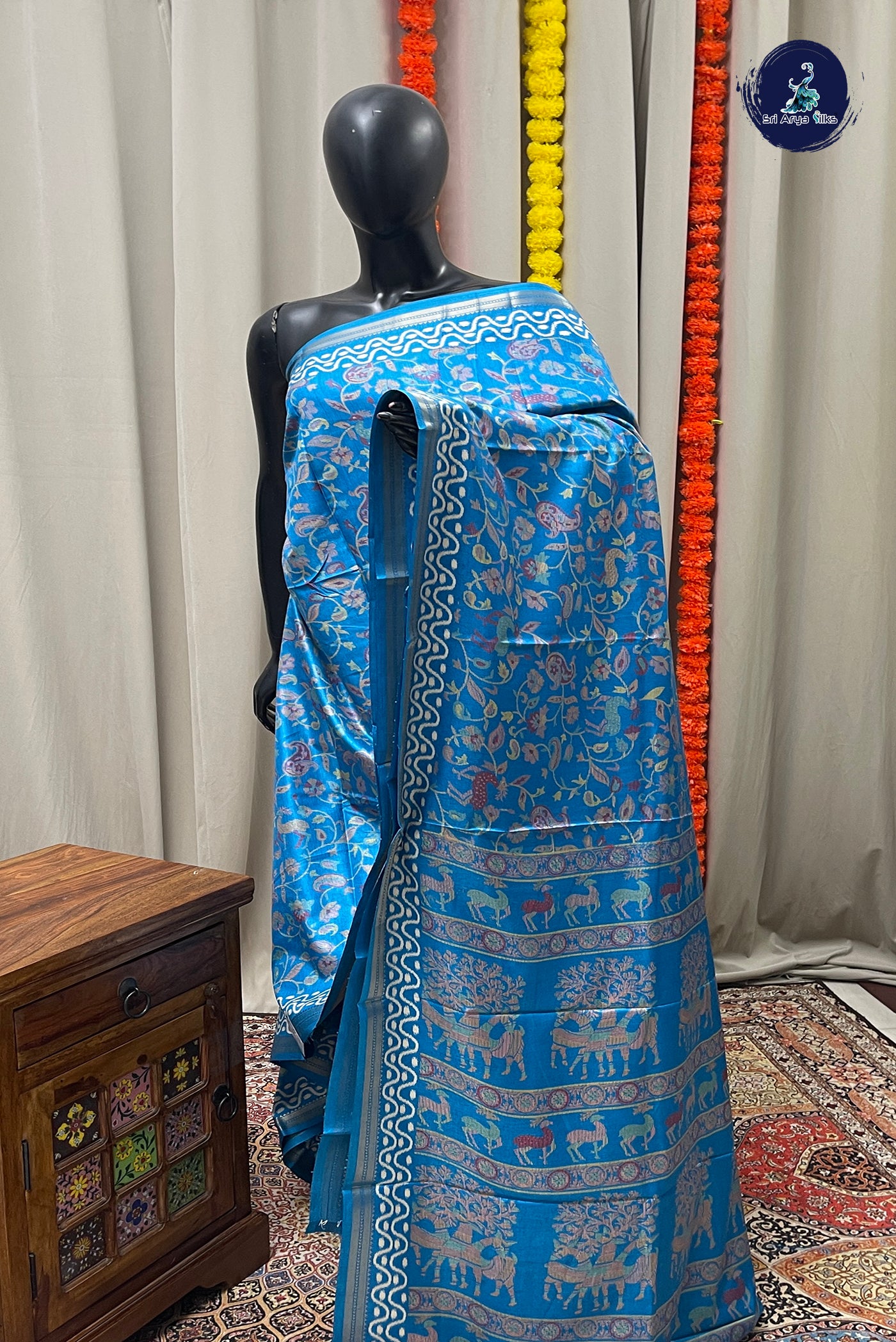 Blue Semi Crepe Silk Saree With Printed Pattern