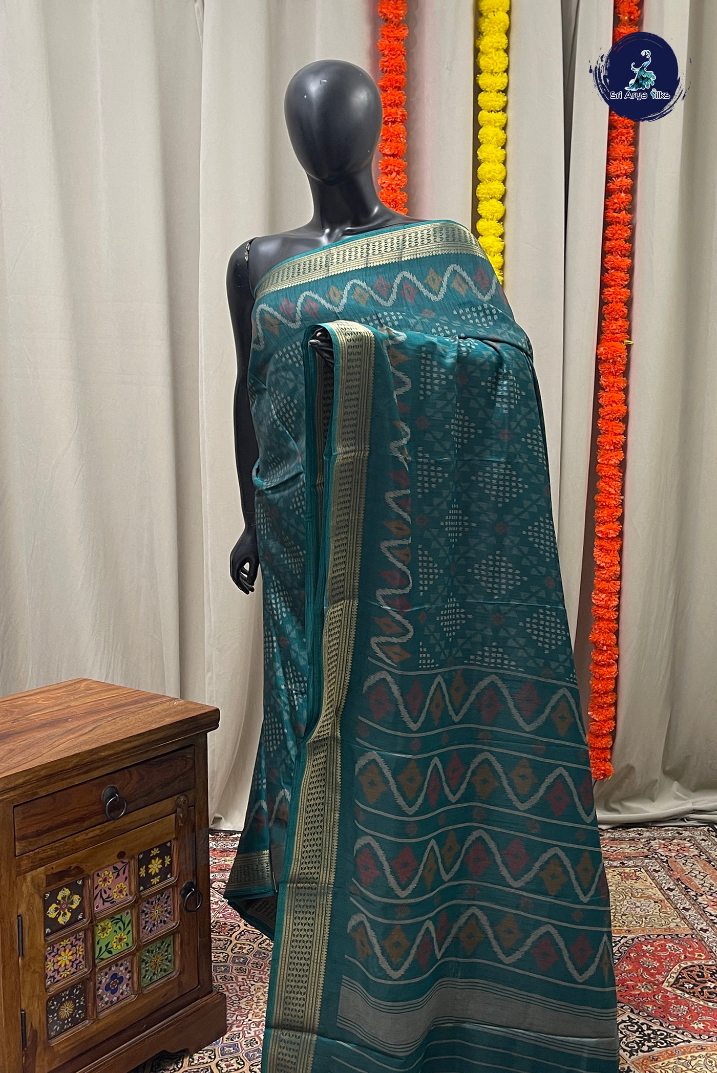 Teal Semi Crepe Silk Saree With Printed Pattern
