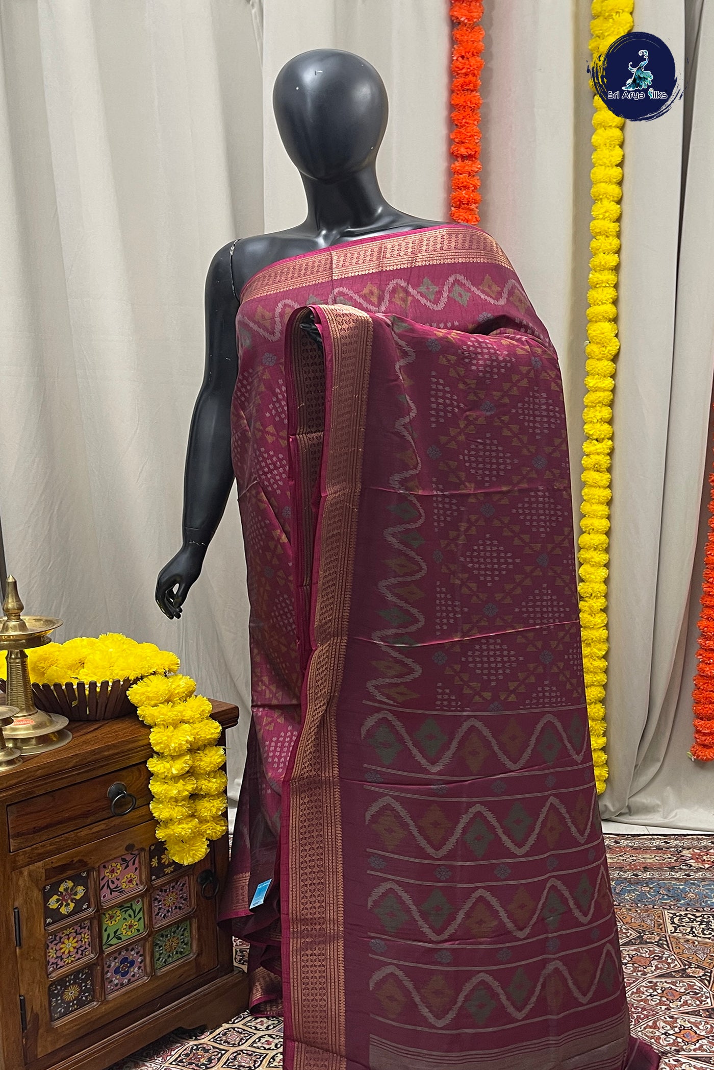 Pinkish Maroon Semi Crepe Silk Saree With Printed Pattern