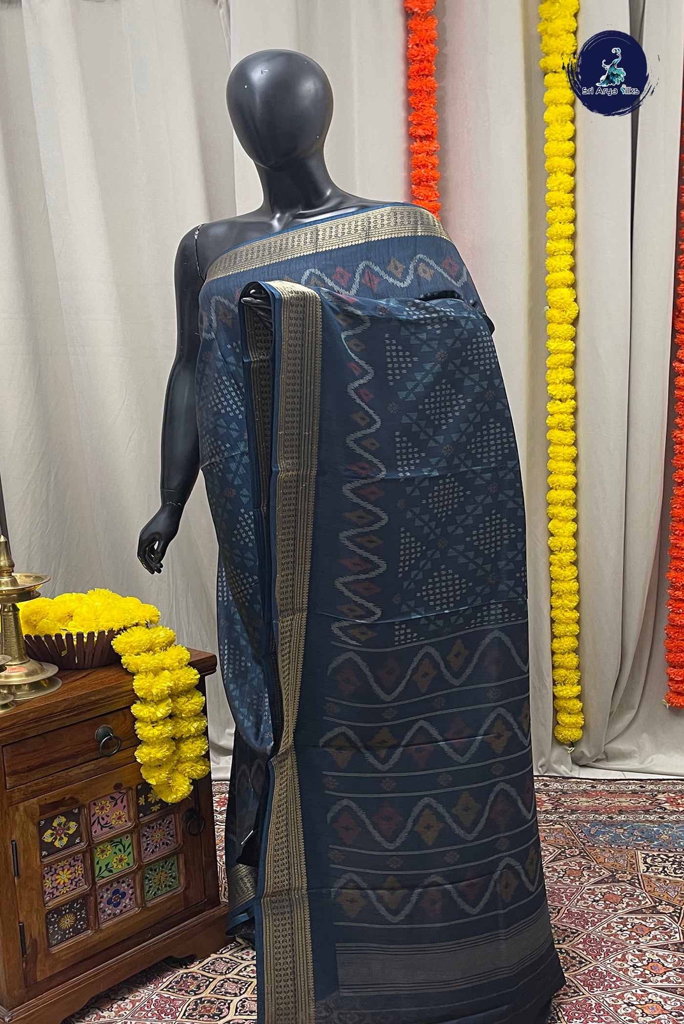 Peacock Blue Semi Crepe Silk Saree With Printed Pattern