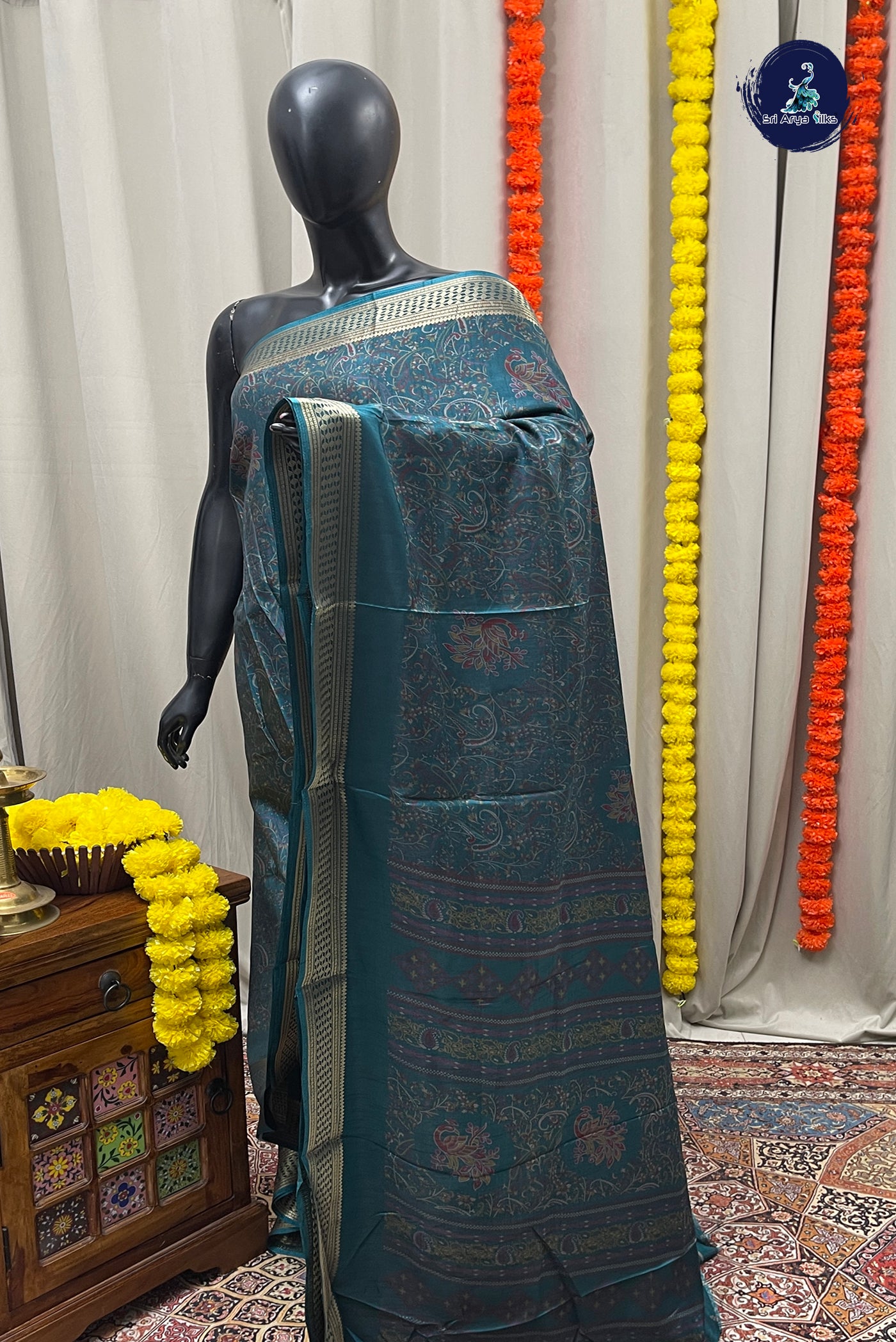 Peacock Green Semi Crepe Silk Saree With Printed Pattern