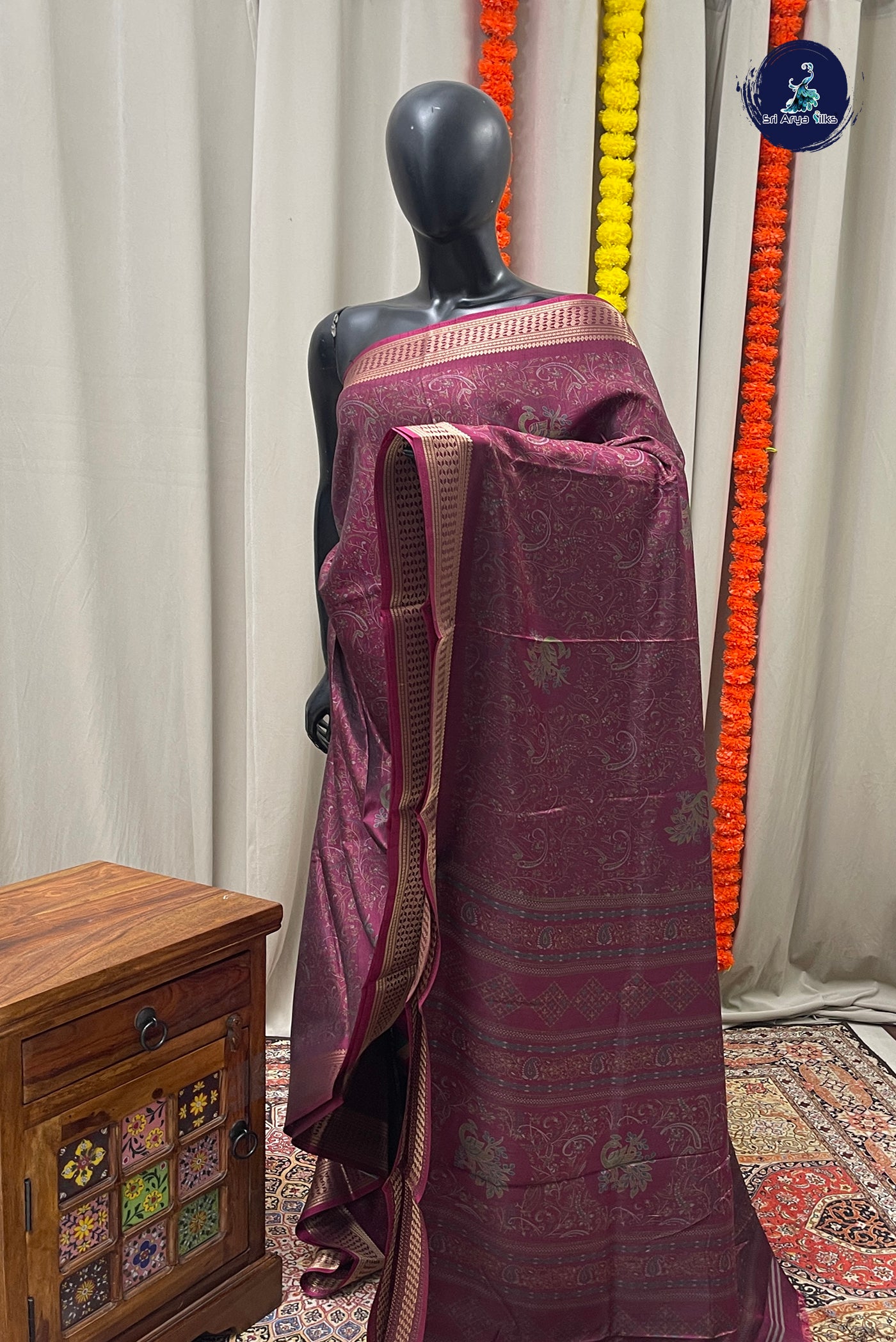 Pinkish Maroon Semi Crepe Silk Saree With Printed Pattern