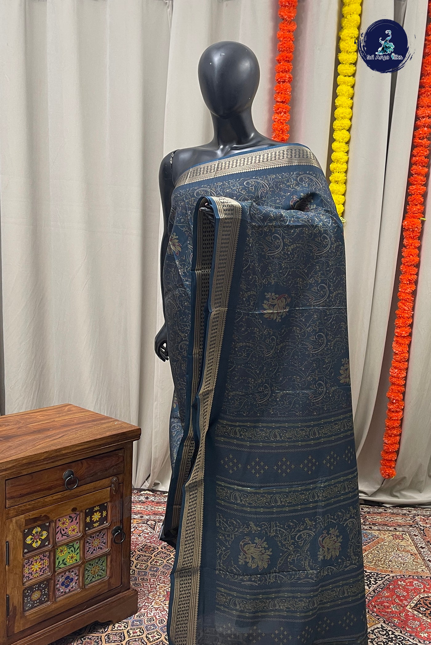 Peacock Blue Semi Crepe Silk Saree With Printed Pattern