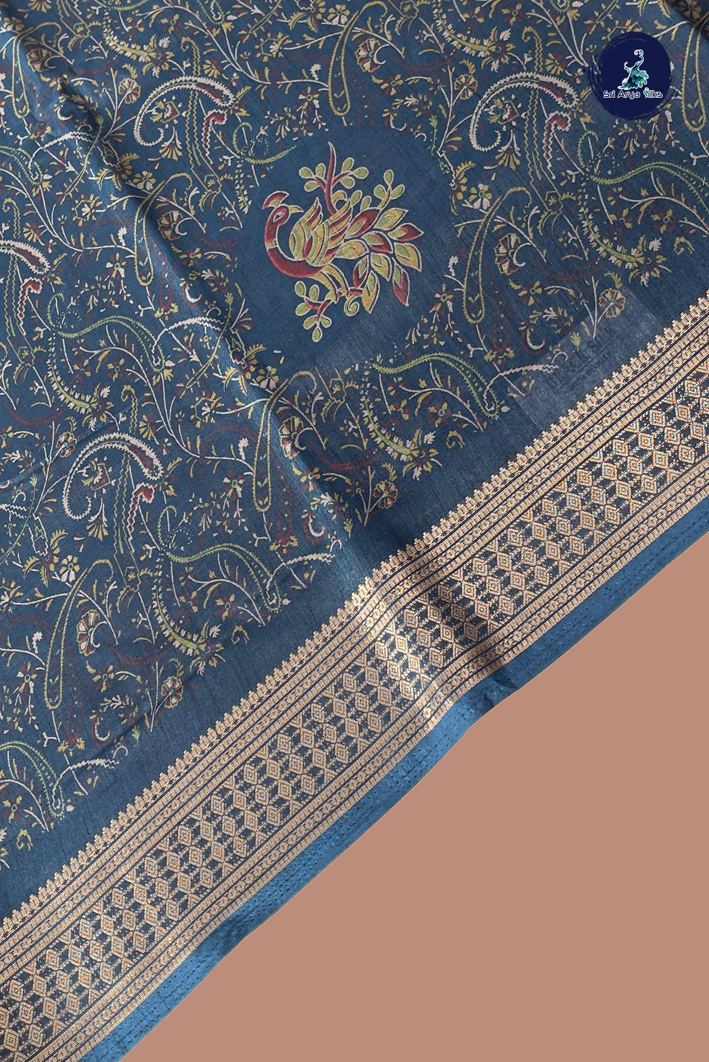 Peacock Blue Semi Crepe Silk Saree With Printed Pattern