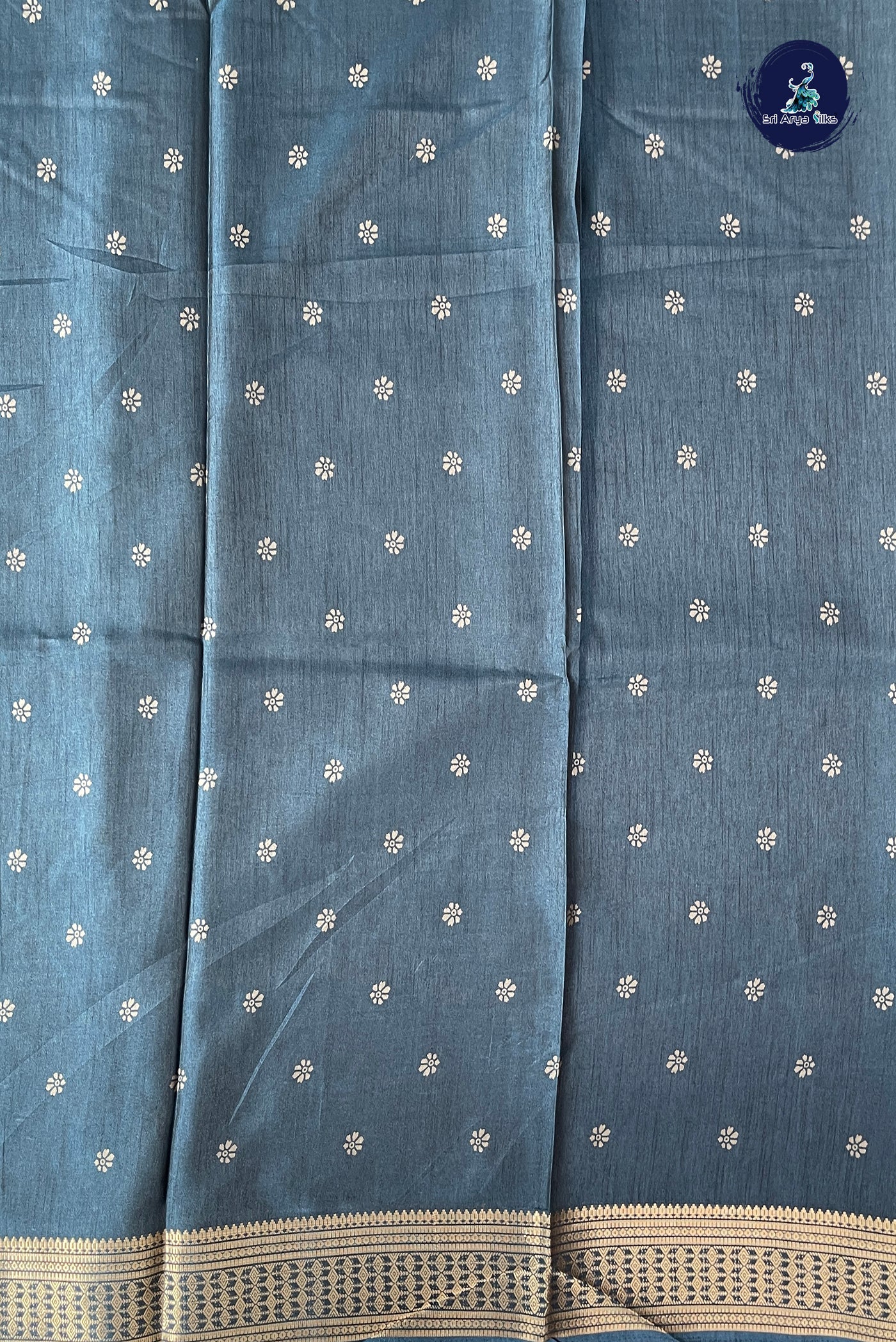 Peacock Blue Semi Crepe Silk Saree With Printed Pattern