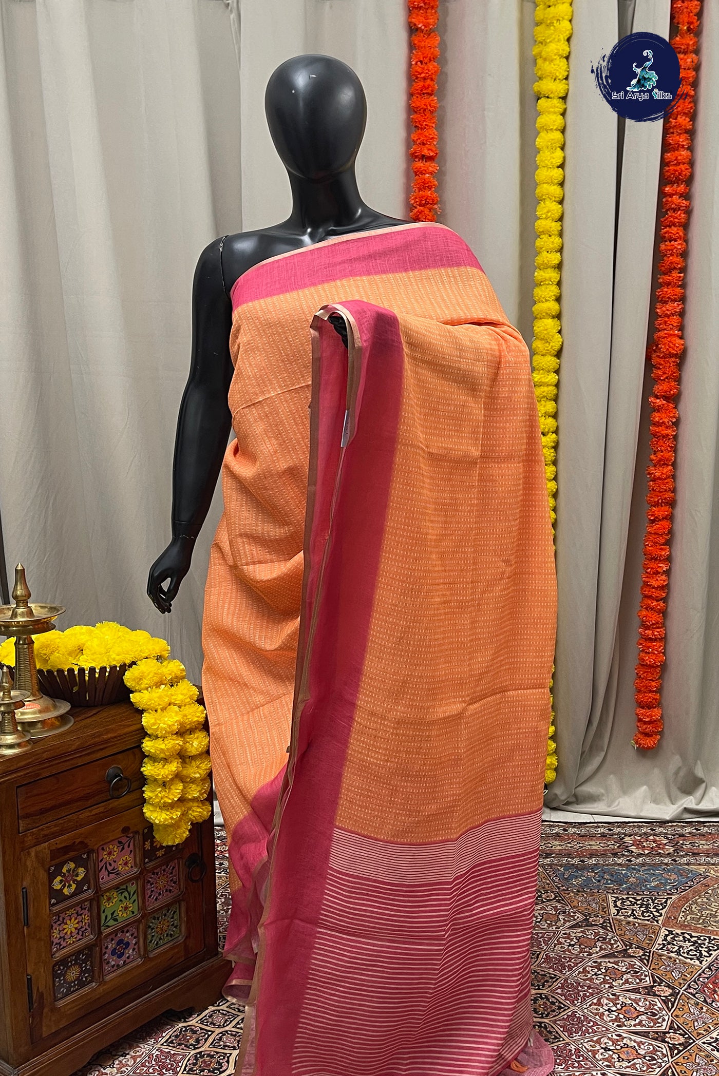 Orange Linen Saree With Printed Pattern