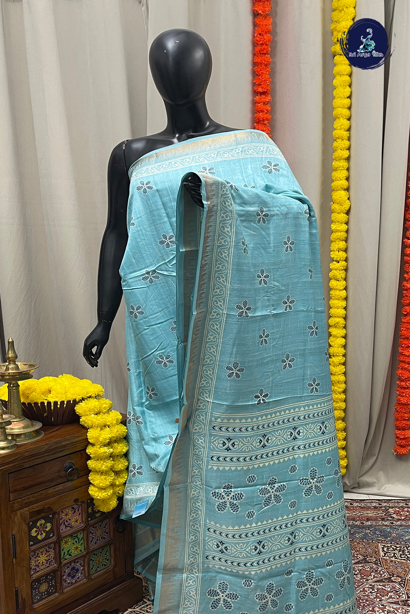 Blue Semi Crepe Silk Saree With Printed Pattern