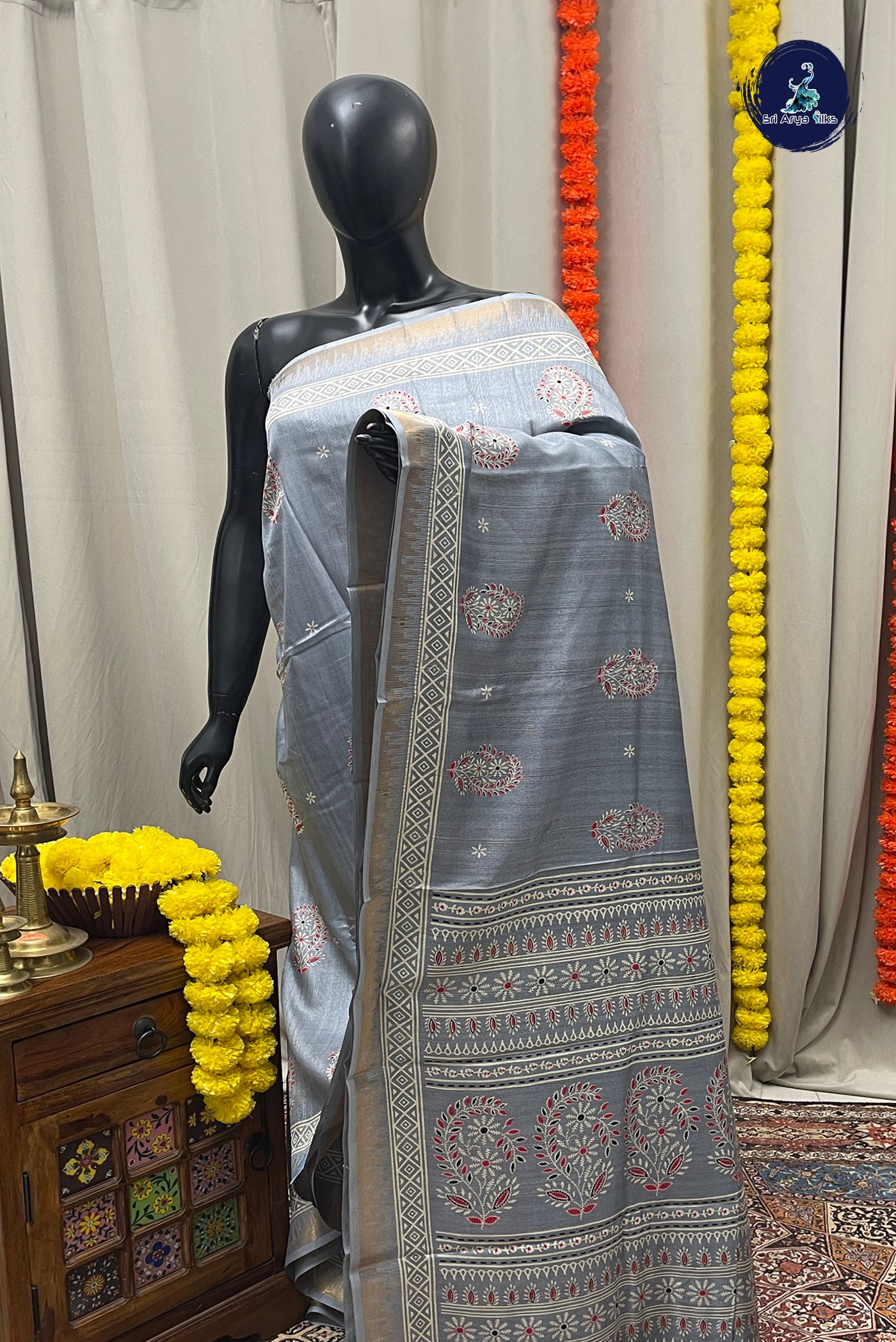 Bluish Grey Semi Crepe Silk Saree With Printed Pattern