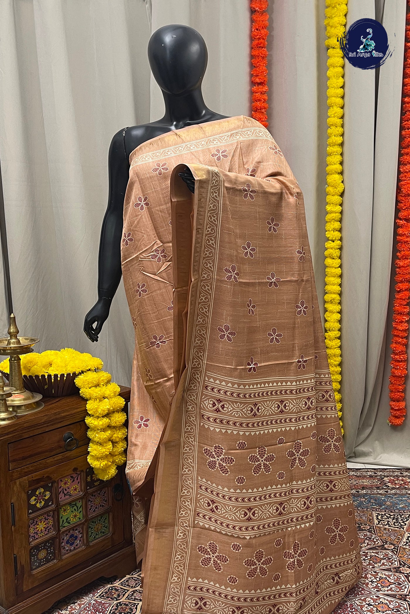 Peach Semi Crepe Silk Saree With Printed Pattern