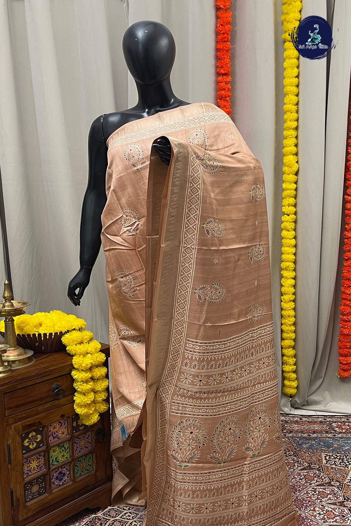 Peach Semi Crepe Silk Saree With Printed Pattern