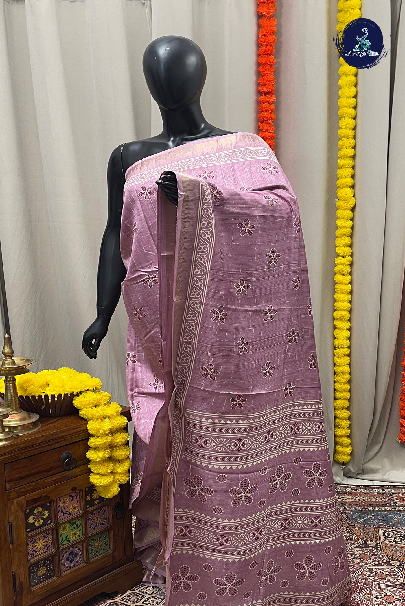 Pink Semi Crepe Silk Saree With Printed Pattern