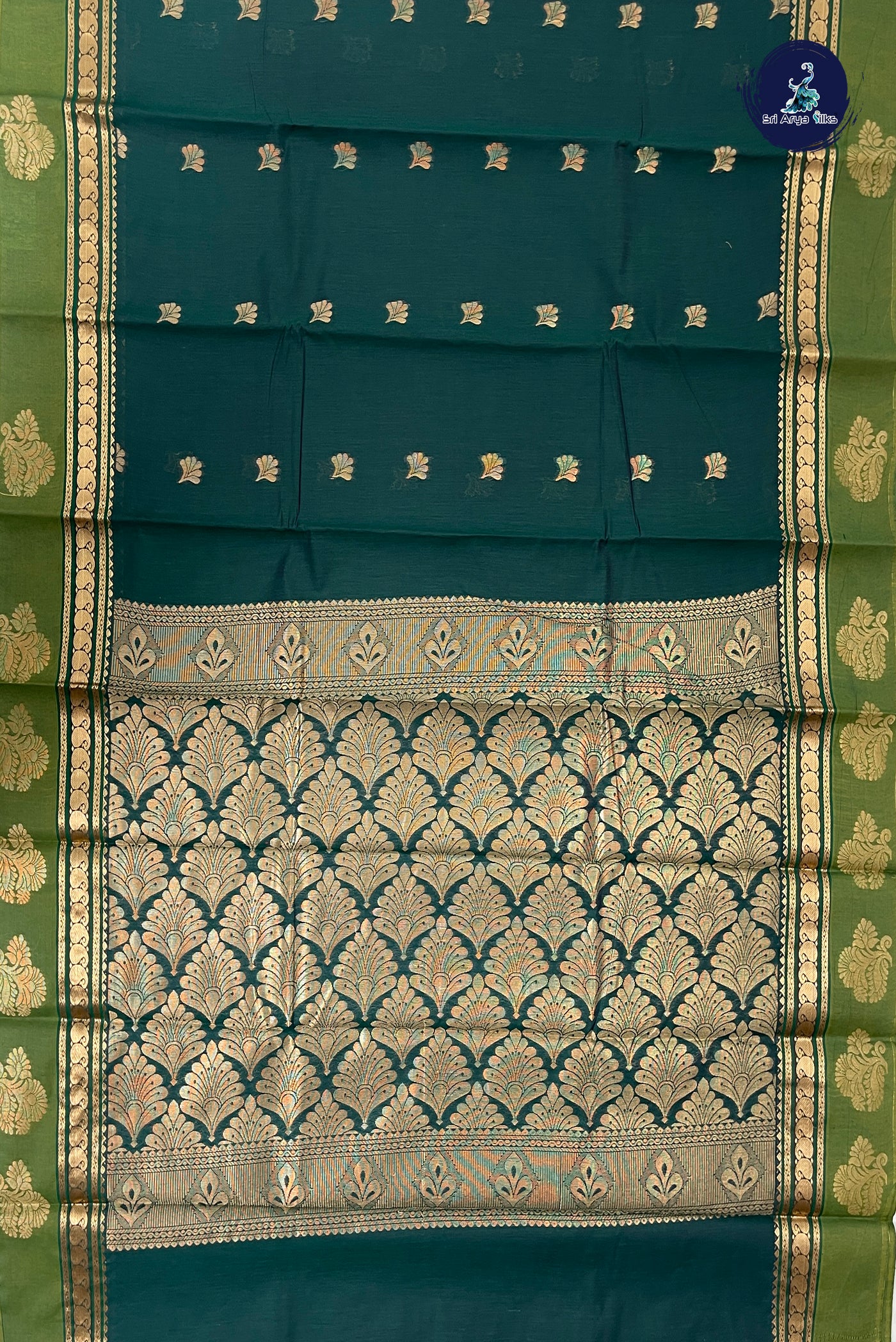 Bottle Green Budget Semi Silk Cotton Saree With Zari Buttas Pattern