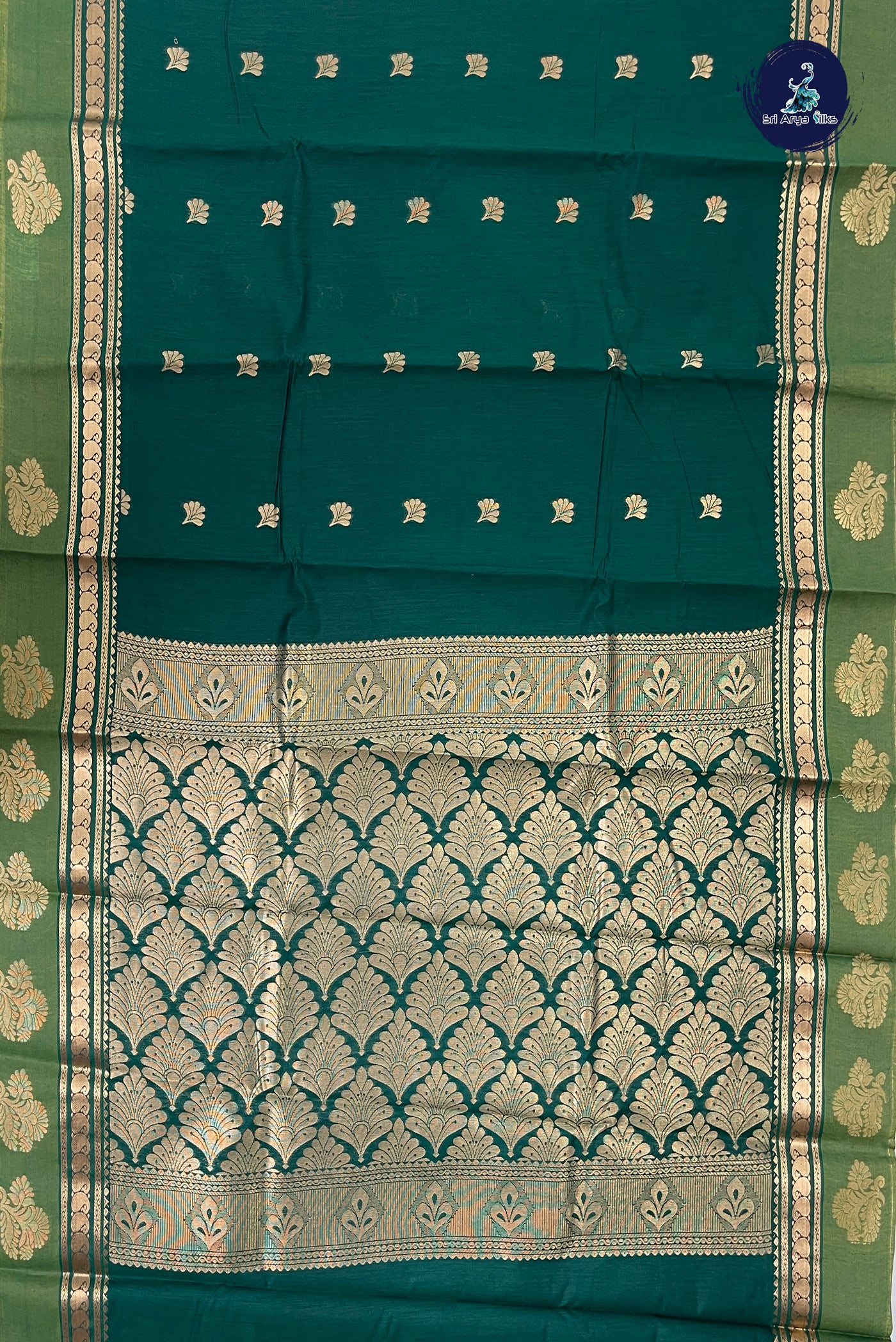Bottle Green Budget Semi Silk Cotton Saree With Zari Buttas Pattern
