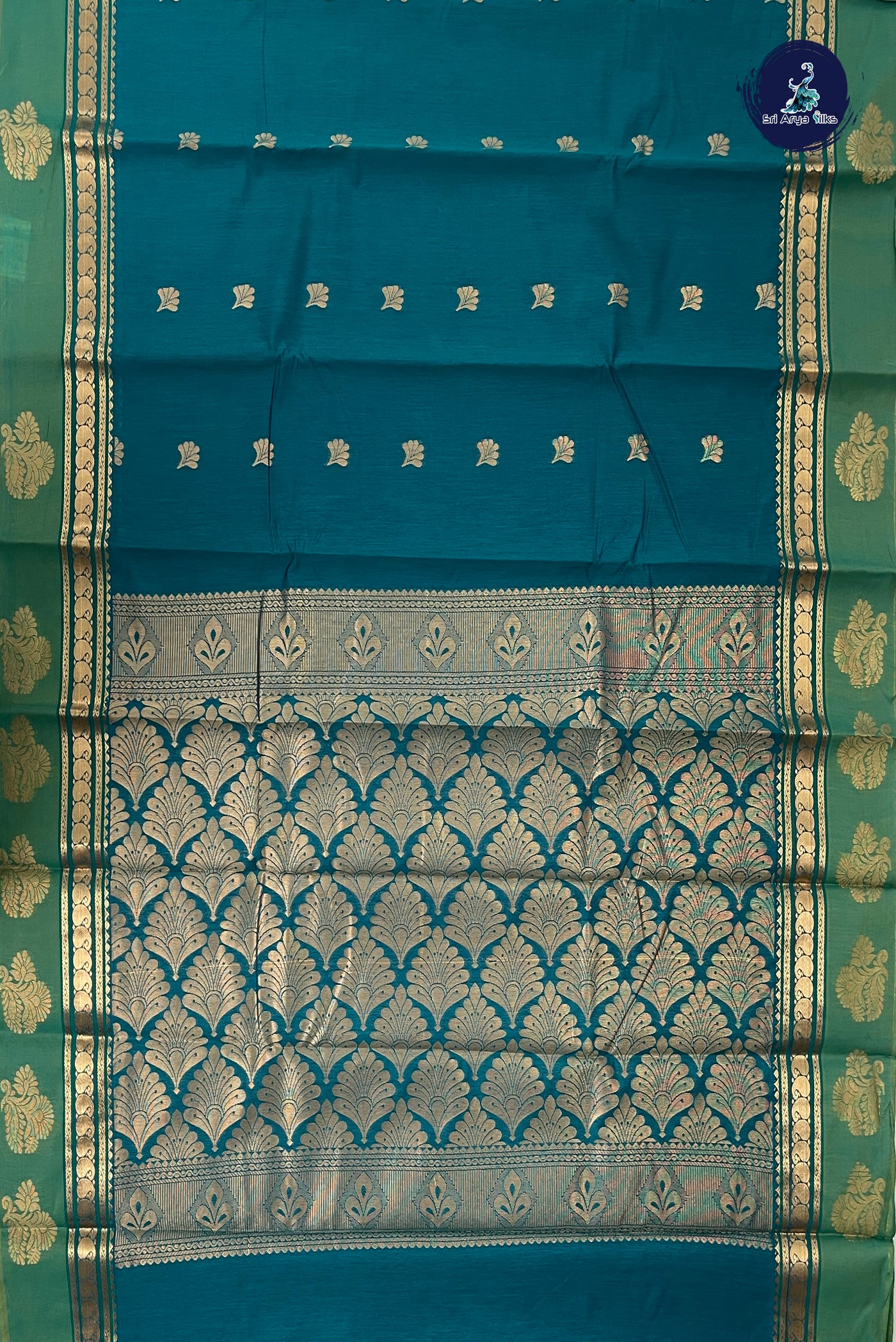Sapphire Green Budget Semi Silk Cotton Saree With Zari Buttas Pattern