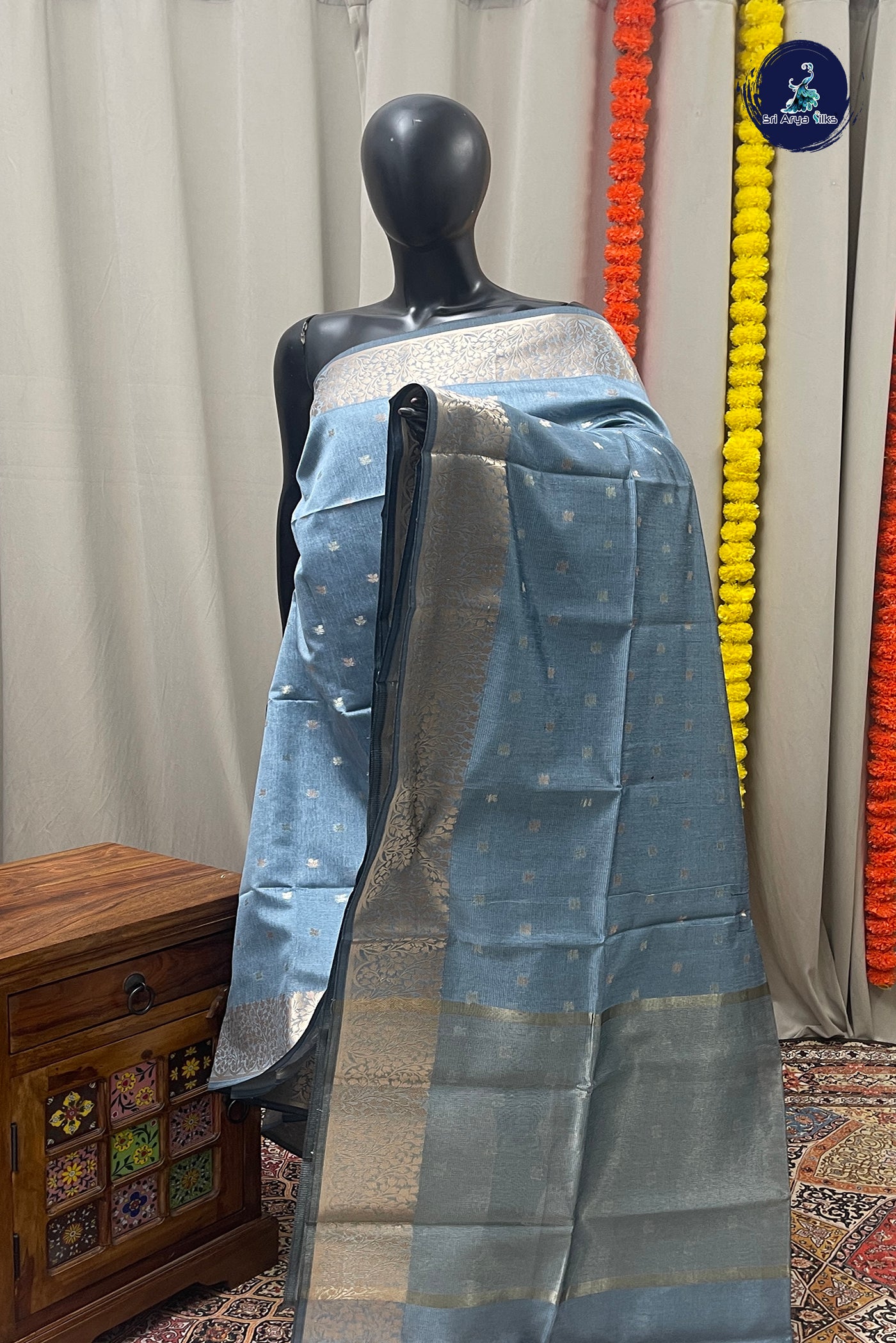 Blue Tissue Banarasi Saree With Zari Buttas Pattern