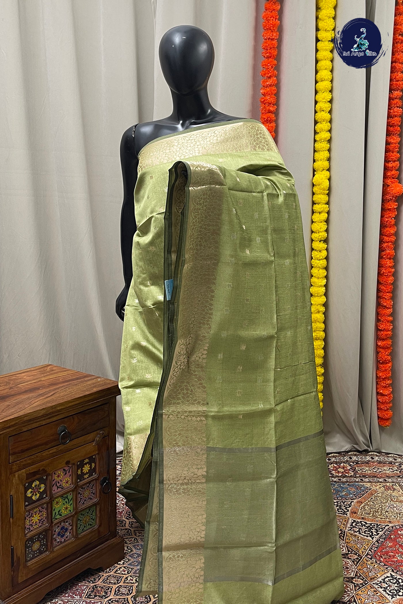 Light Green Tissue Banarasi Saree With Zari Buttas Pattern
