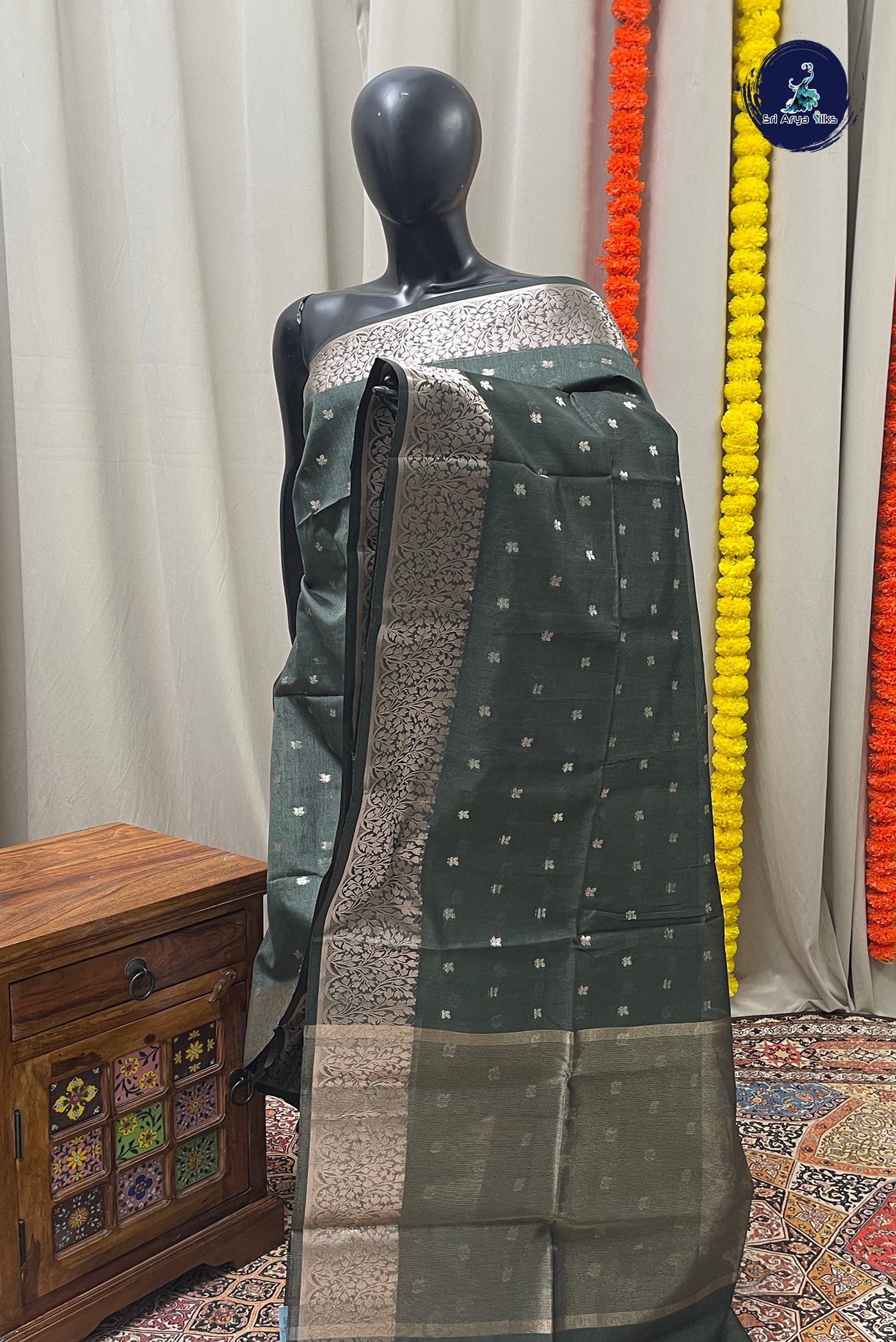 Dark Green Tissue Banarasi Saree With Zari Buttas Pattern